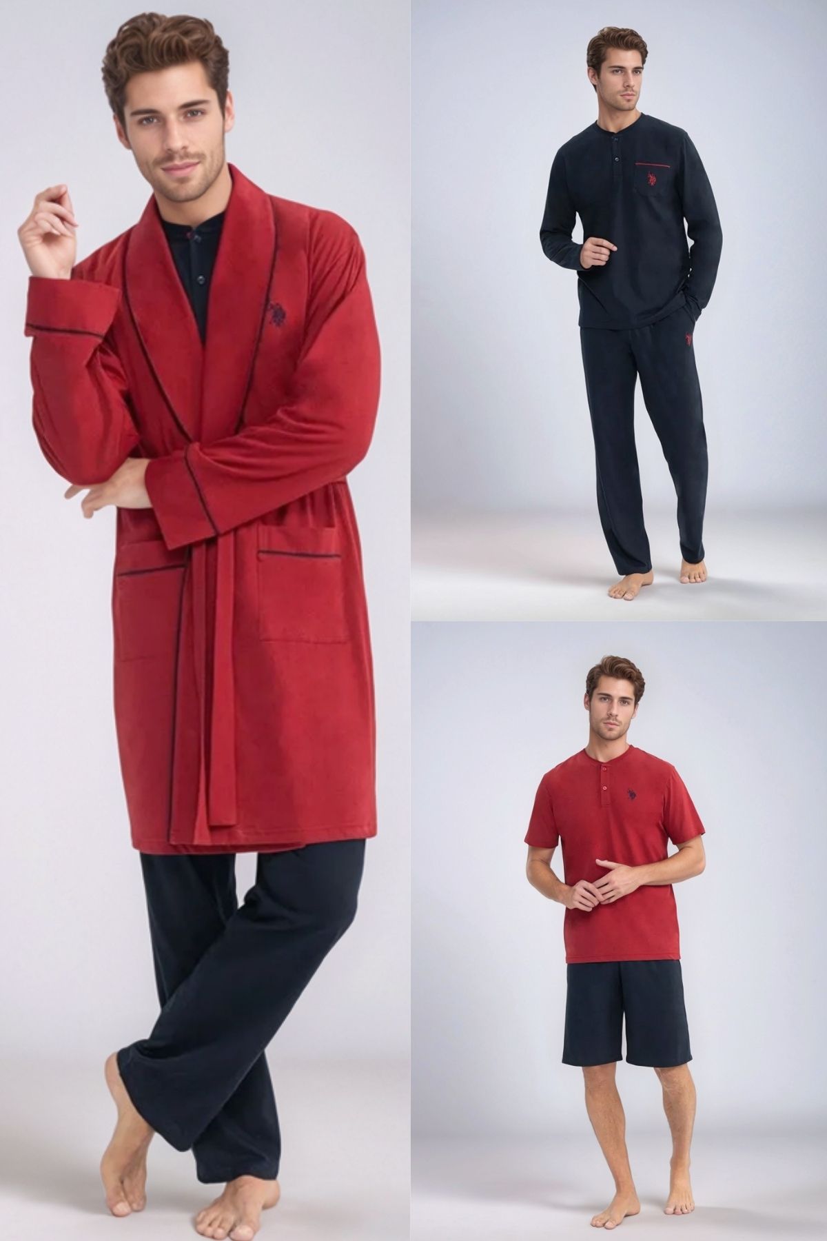 U.S. Polo Assn. Erkek Çeyizlik Ropdöşambır'lı Pijama Takımı & T-shirt Şort Takım 5'li Set - Bordo