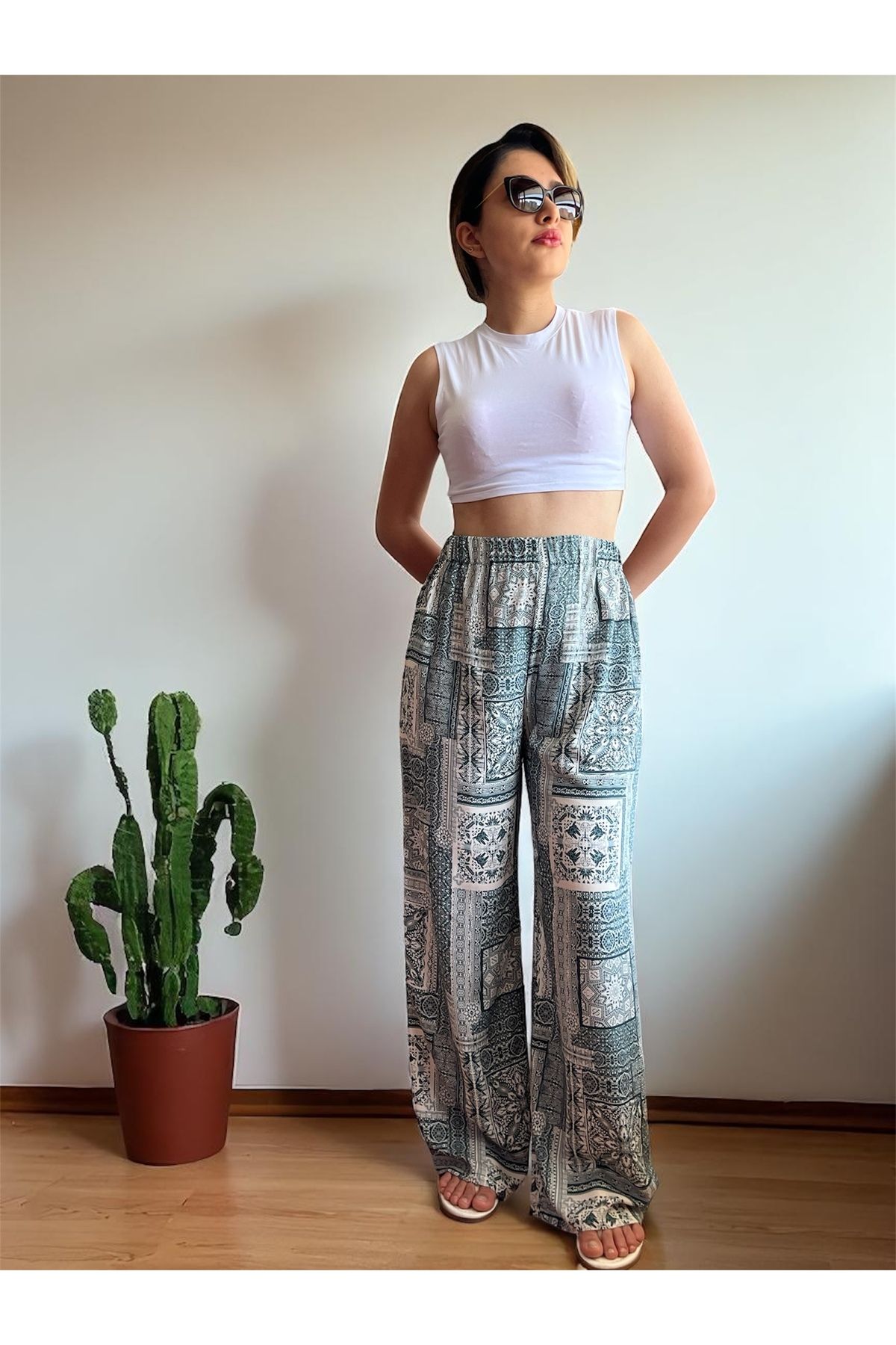 MODA Beli lastikli kadın yazlık Palazzo pantolon