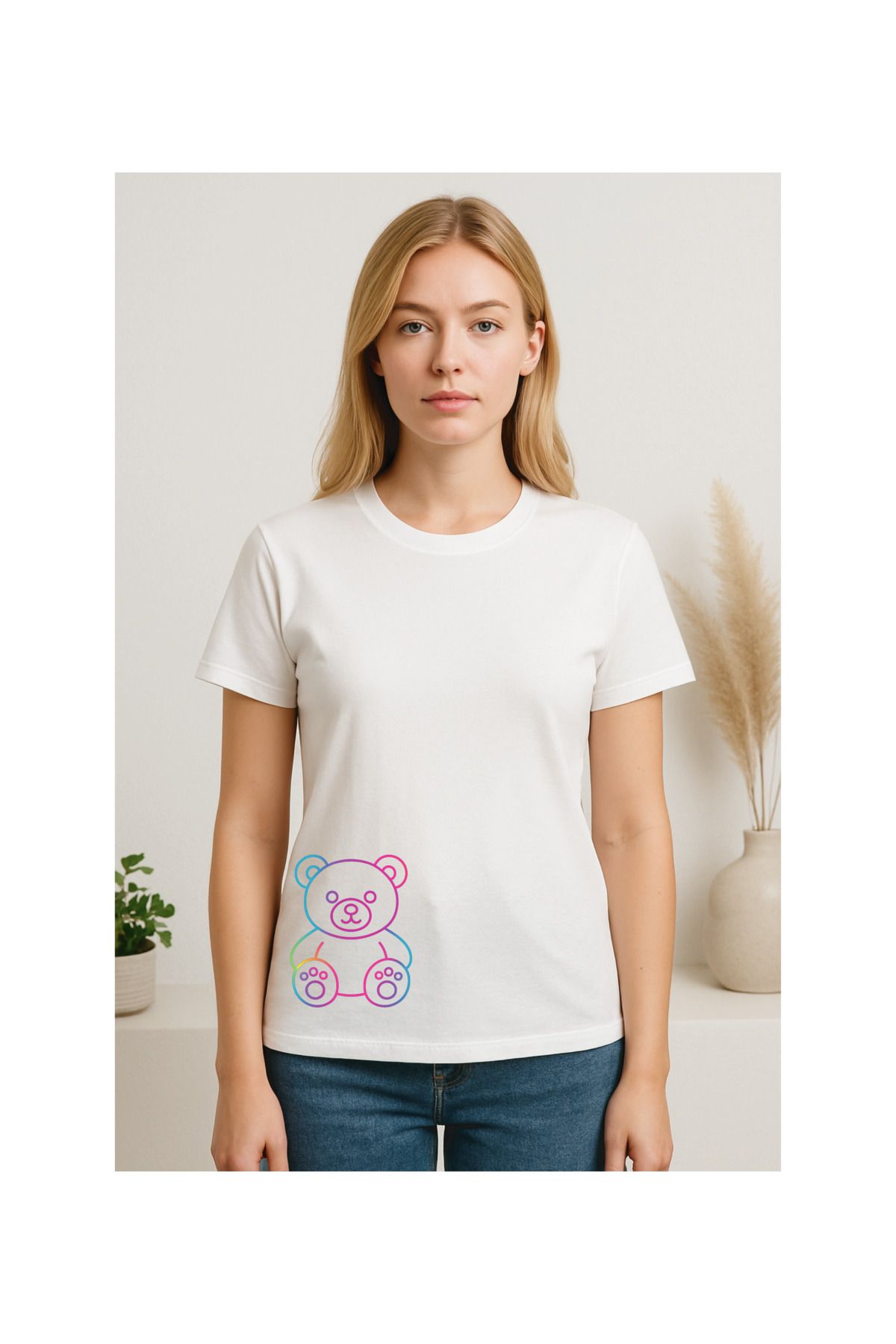 MODA Kısa Kollu, Regular Kalıp, Neon Renkli Ayıcık Desenli, Pamuklu T-shirt