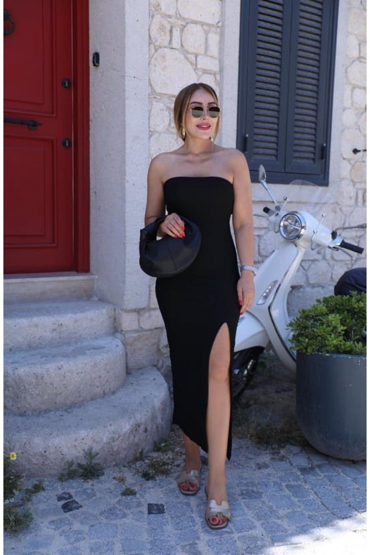 velmorafashion Kadın Ottaman Kumaş Yirtmac Detay Straplez Elbise