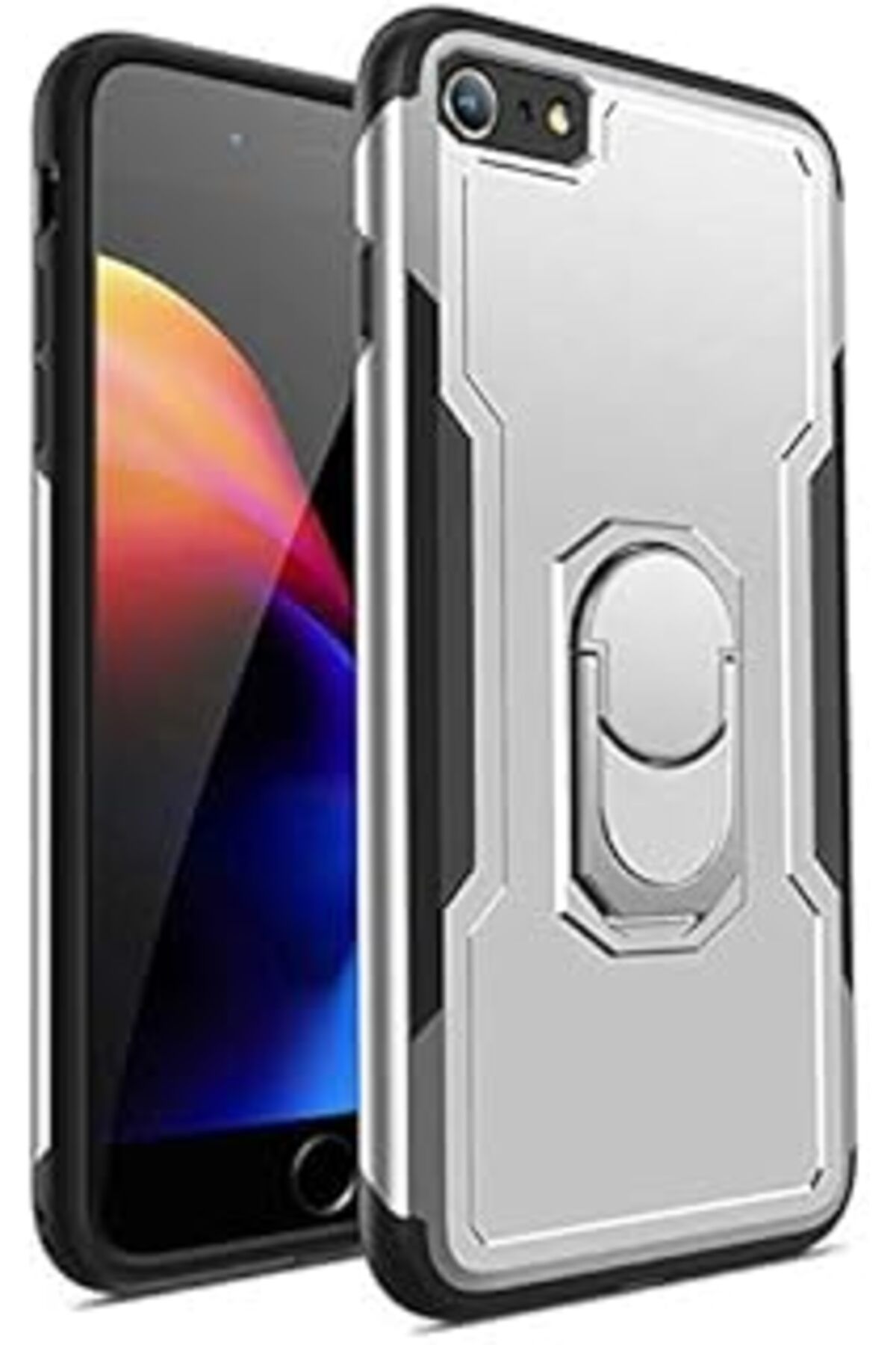 Karachil Iphone 7/8/Se 2020/Se 2022 Uyumlu Darbeye Karşı Dayanıklı Standlı Yüzüklü Tank Kılıf (Gümüş Rengi,