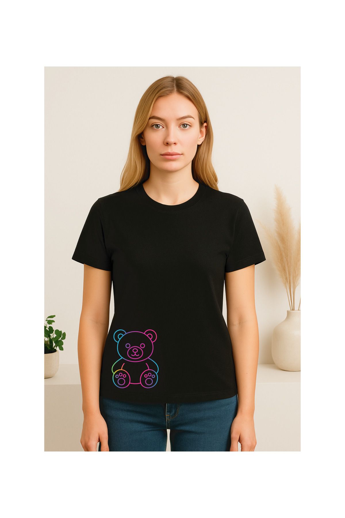MODA Kısa Kollu, Regular Kalıp, Neon Renkli Ayıcık Desenli, Pamuklu T-shirt