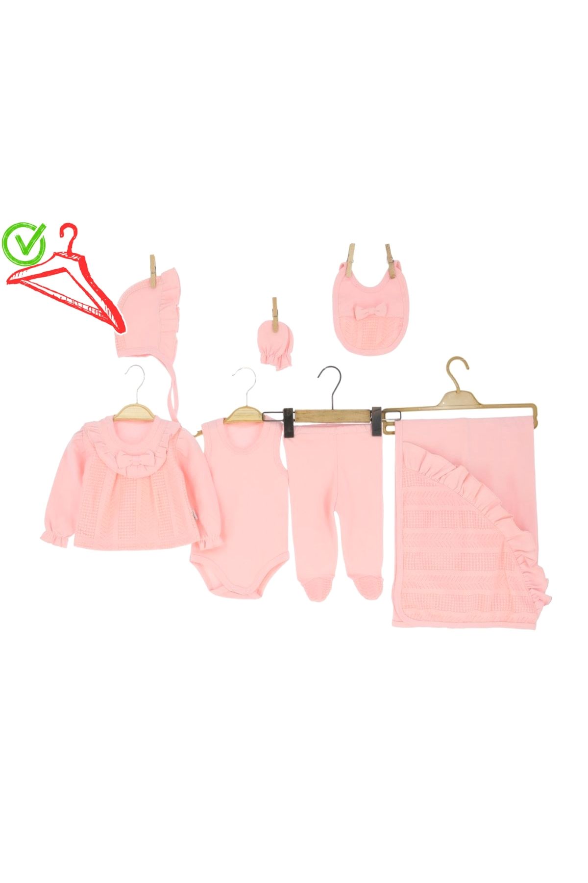 Novavella Kız Bebek Hastane Çıkışı 7'li Set - Danteli ve Fiyonk Detaylı Model