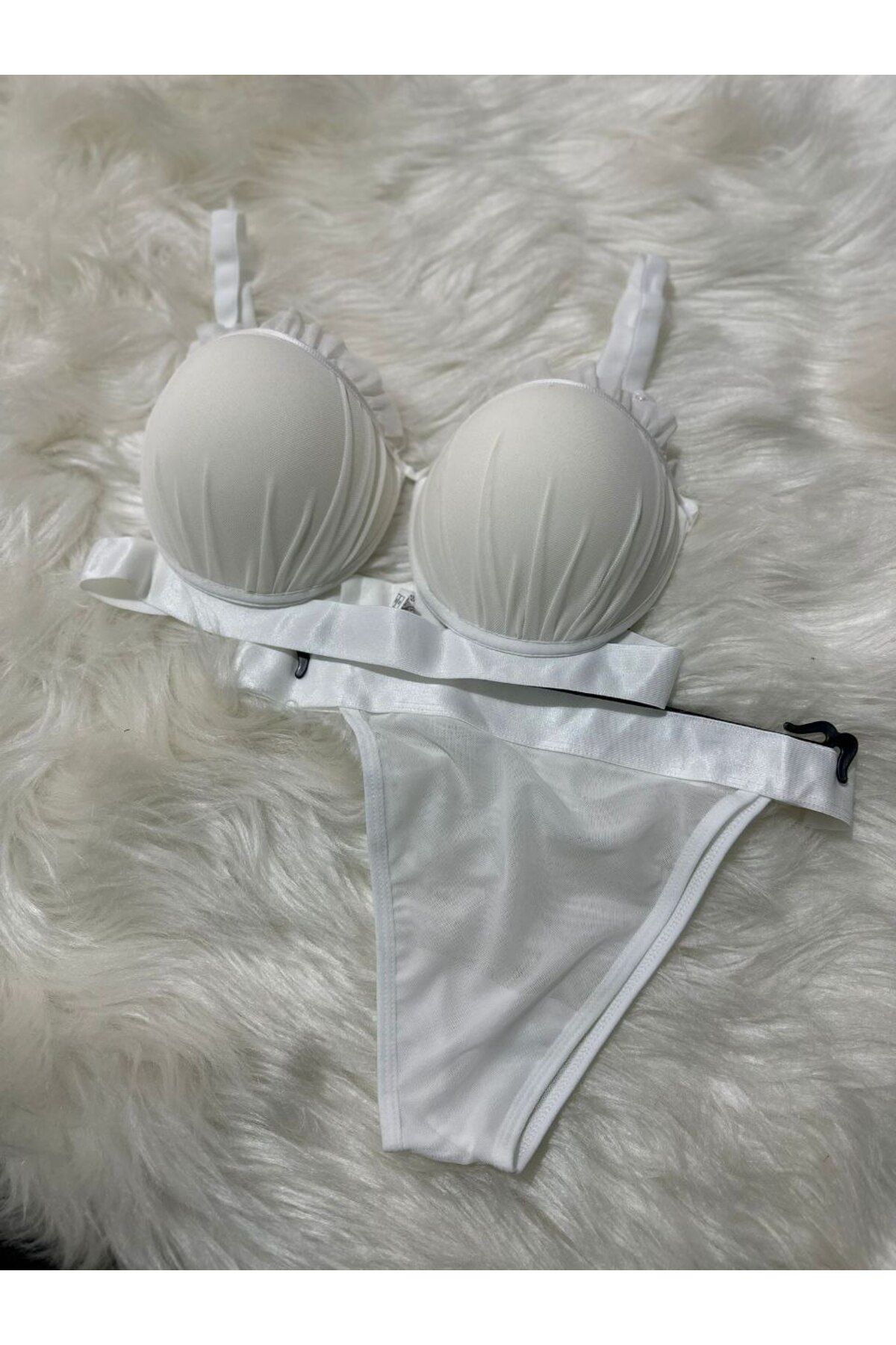 butik elmas kadın tül detaylı dolgulu istiridye model beyaz sütyen takım