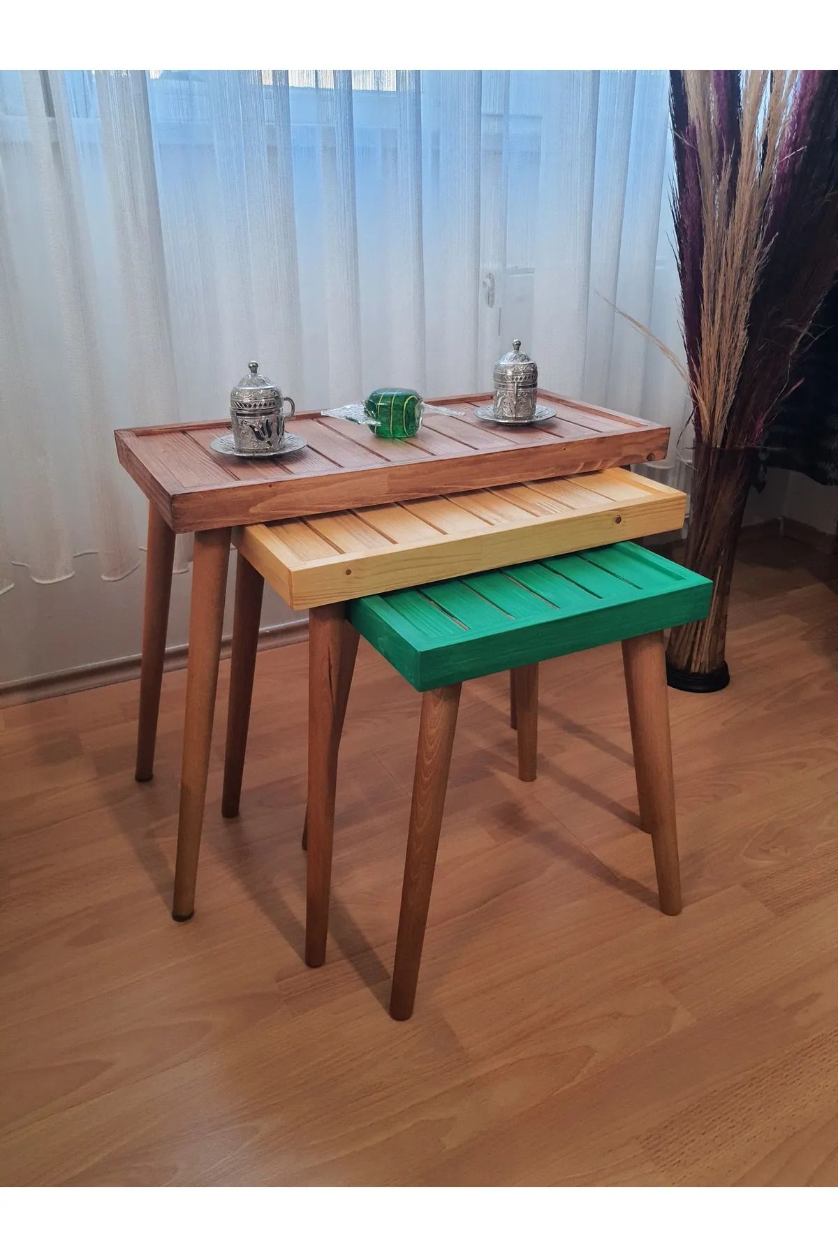 Ekübya Home Çok Renkli Doğal Masif Ahşap Zigon Sehpa