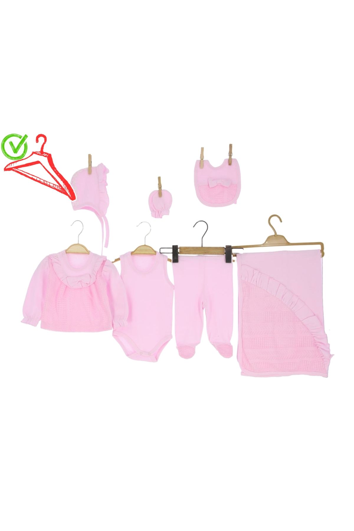 Novavella Kız Bebek Hastane Çıkışı 7'li Set - Danteli ve Fiyonk Detaylı Model