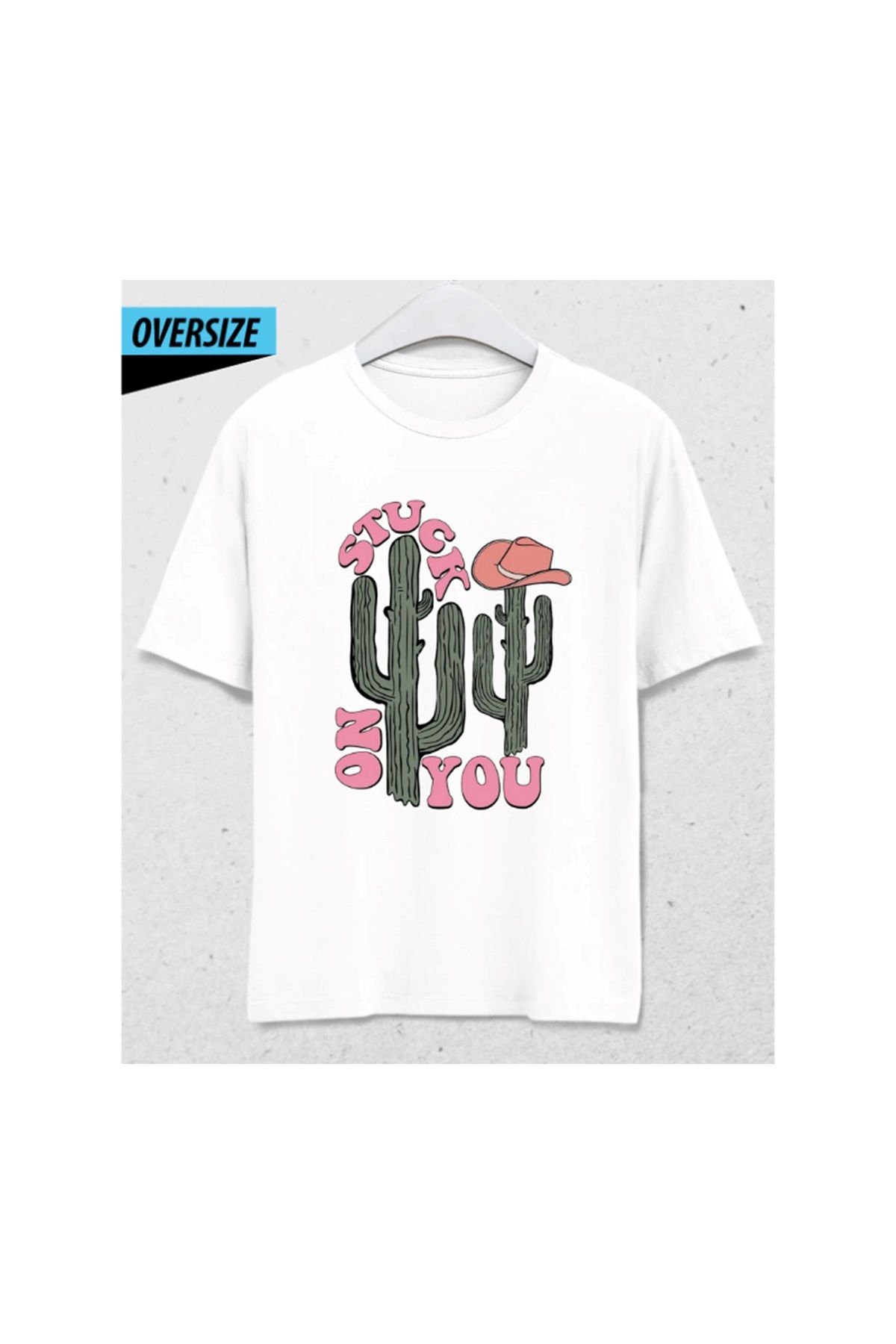 HENA DİZAYN Stuck on You – Kaktüs Edition Oversize Unisex T-Shirt Beyaz