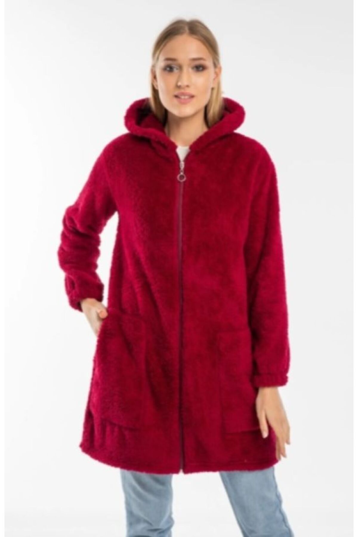 MODA UGS Kadın Siyah Uzun Fermuarlı Peluş Hırka welsoft