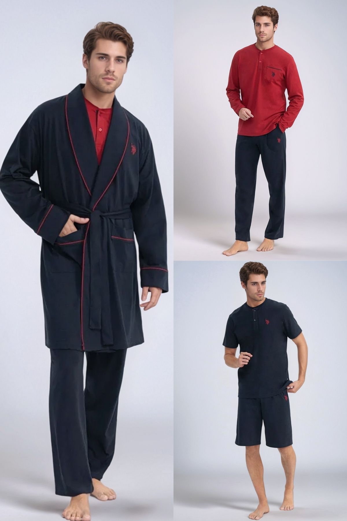 U.S. Polo Assn. Erkek Çeyizlik Ropdöşambır'lı Pijama Takımı & T-shirt Şort Takım 5'li Set - Bordo