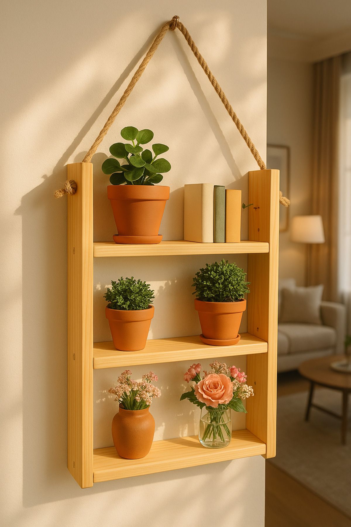 ATÖLYE DÜNYASI 3 katlı Dekoratif Ahşap Halatlı Duvar Rafı Kitaplık & Çiçeklik Uçan Raf 40cm Genişlik X 9cm Derinlik