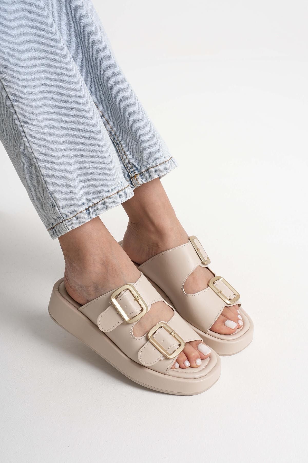 Silver Lady Casual Çift Gold Tokalı Günlük Rahat Şık Kadın Terlik