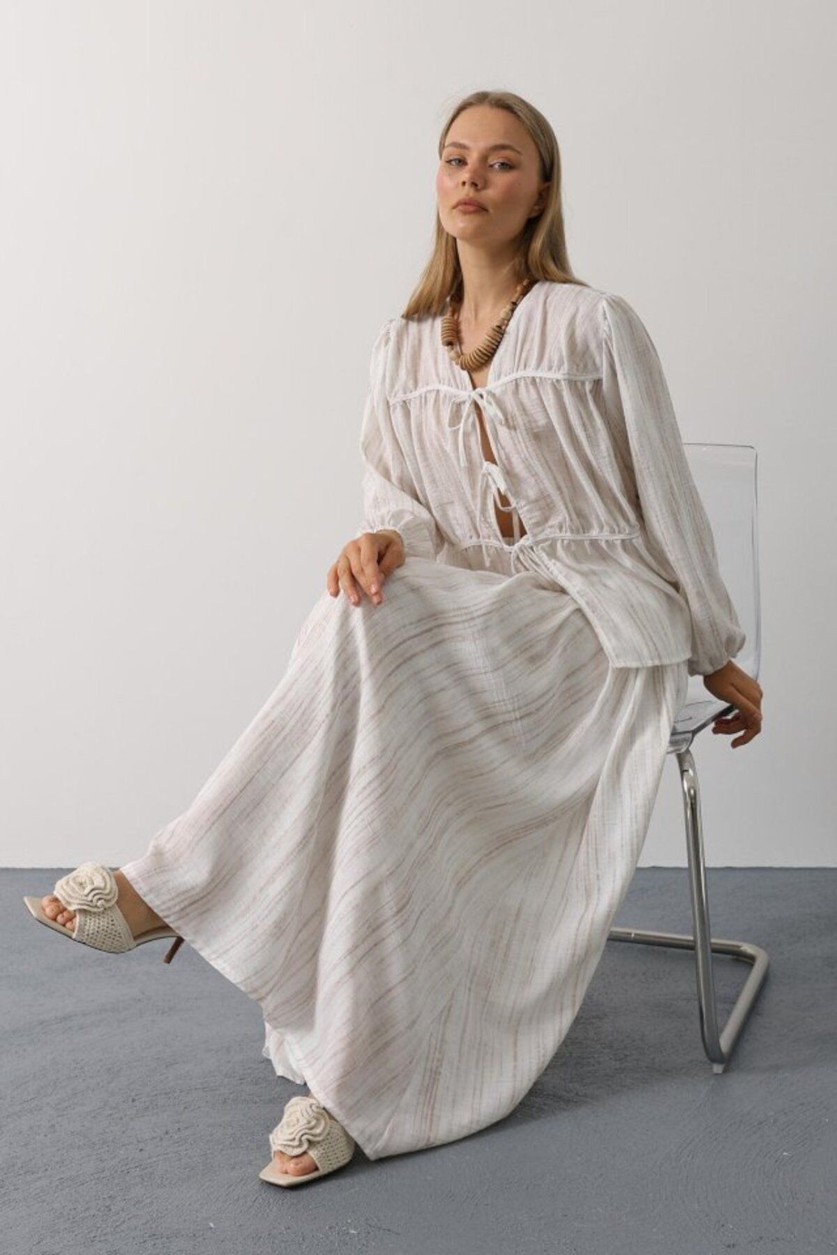 velmorafashion Önü Bağlamalı Etekli Takım - Taş