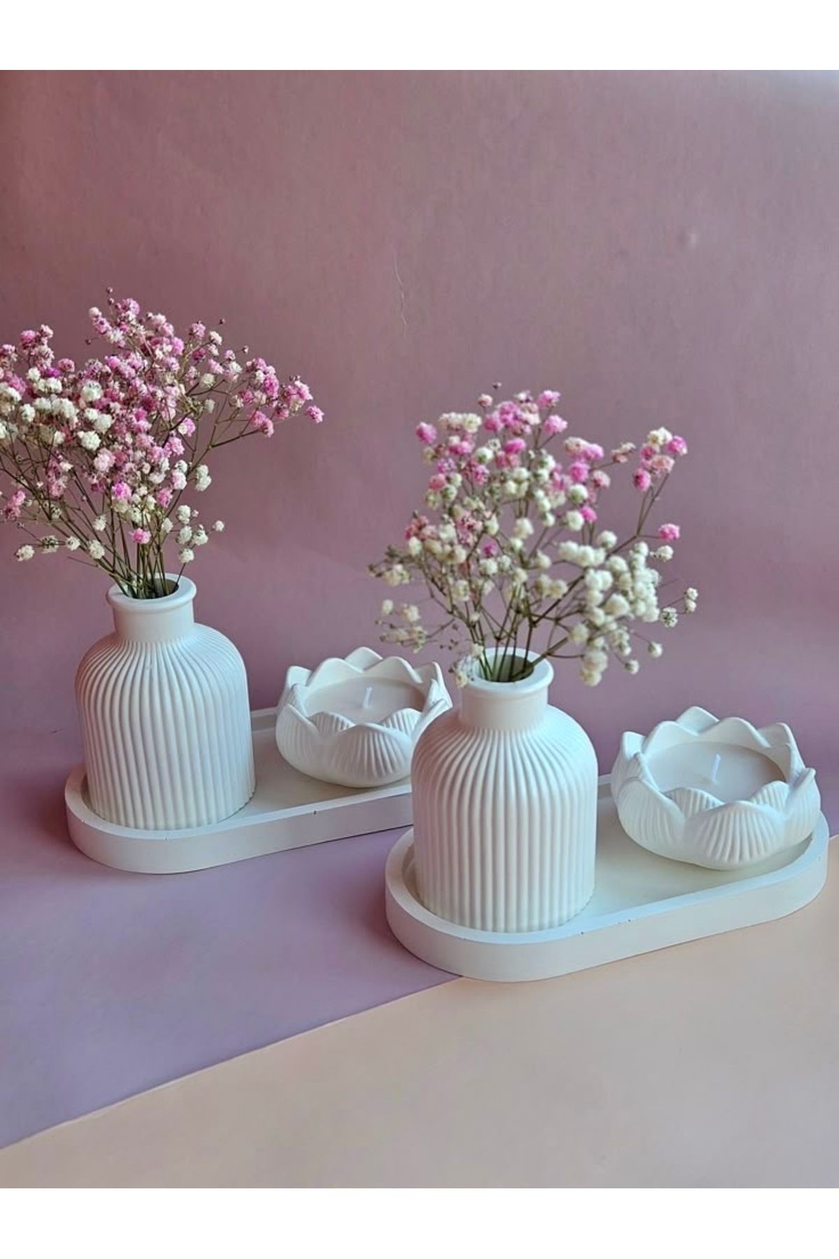 Home 2 Li Pampas Vazo Set Lotus Tealight Mumluk Şık Sunum altlığı Tv Ünitesi Mutfak Kış Bahçesi Raf Süsü