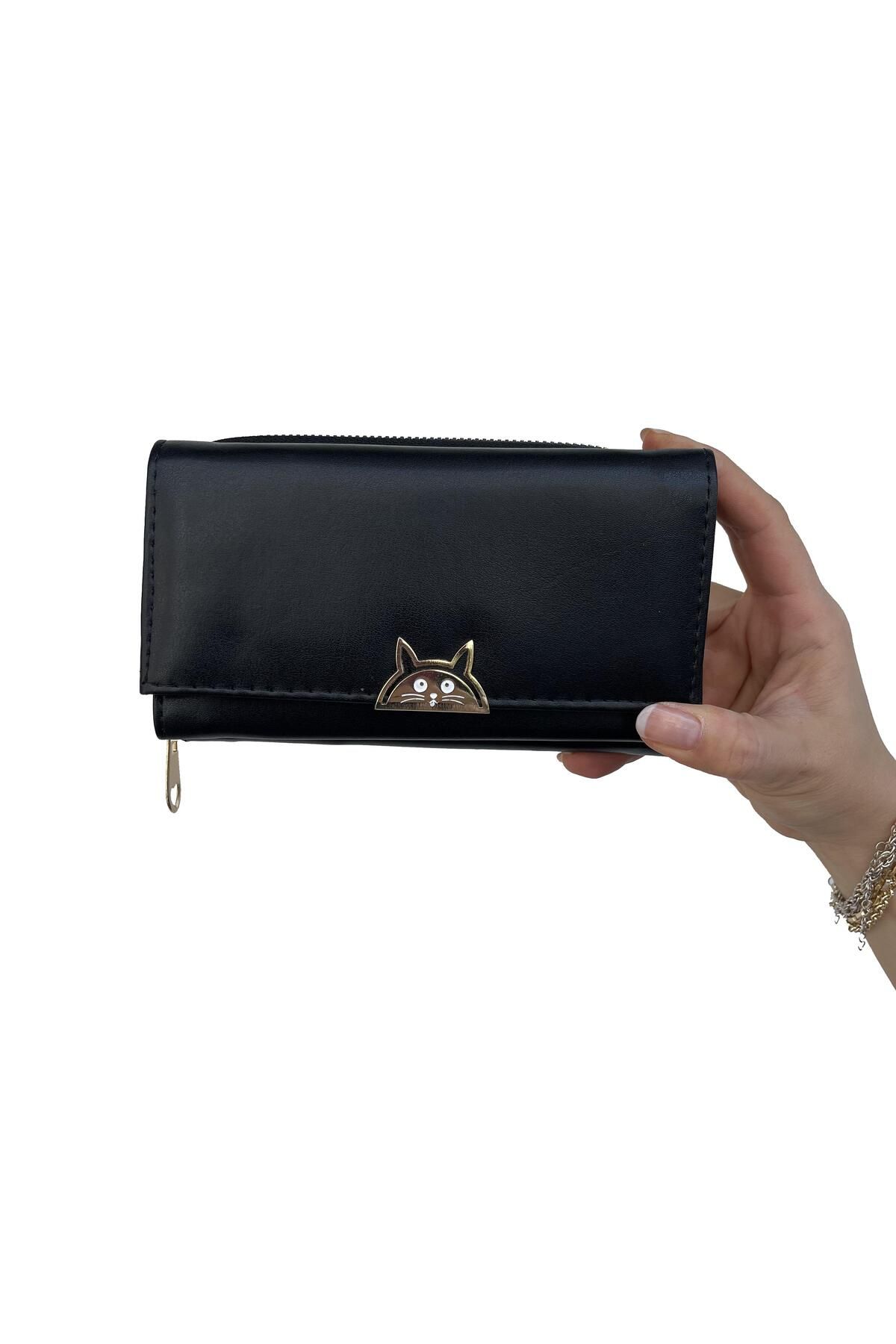 shiny ever Kadın Cüzdan Siyah Gold Kedi Detaylı