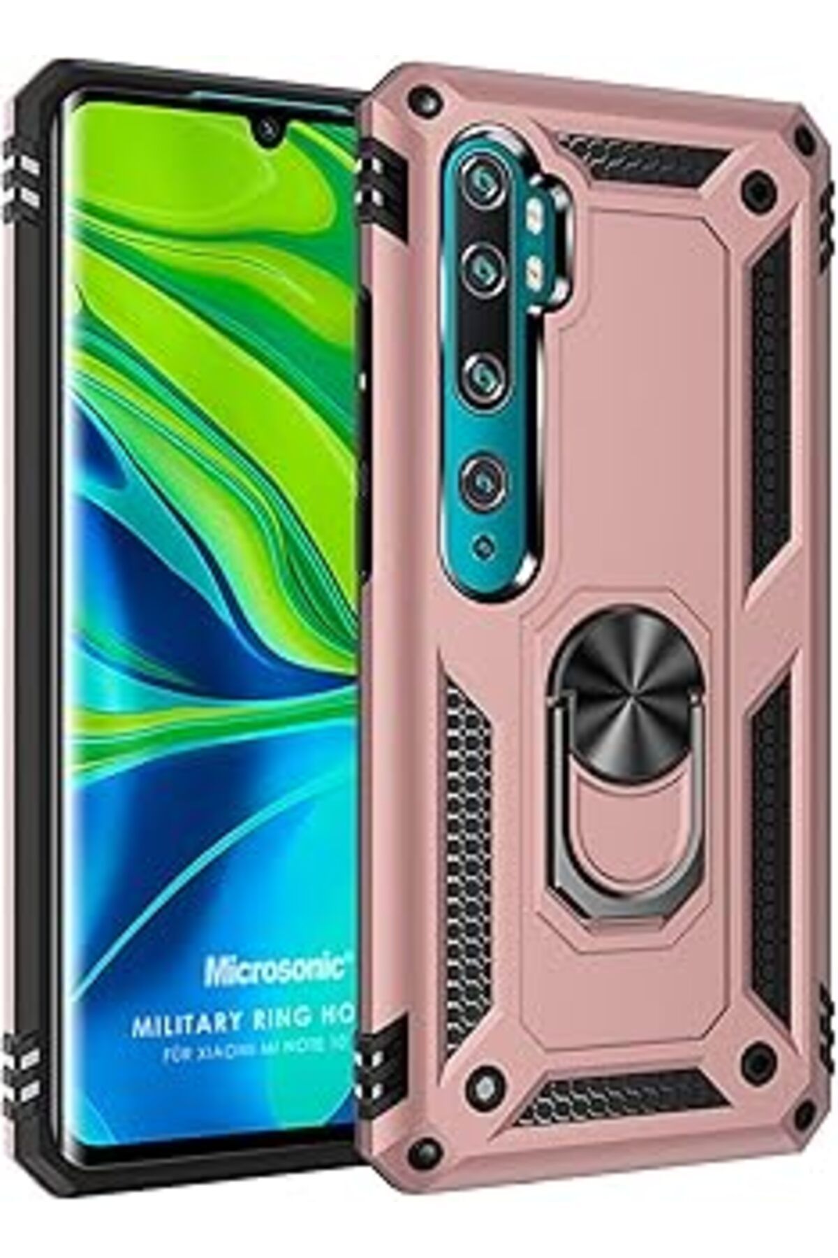 Karachil Microsonic Xiaomi Mi Note 10 Pro Için Kılıf Military Ring Holder Rose Gold [Mi Note 10 Pro Ile Uyum
