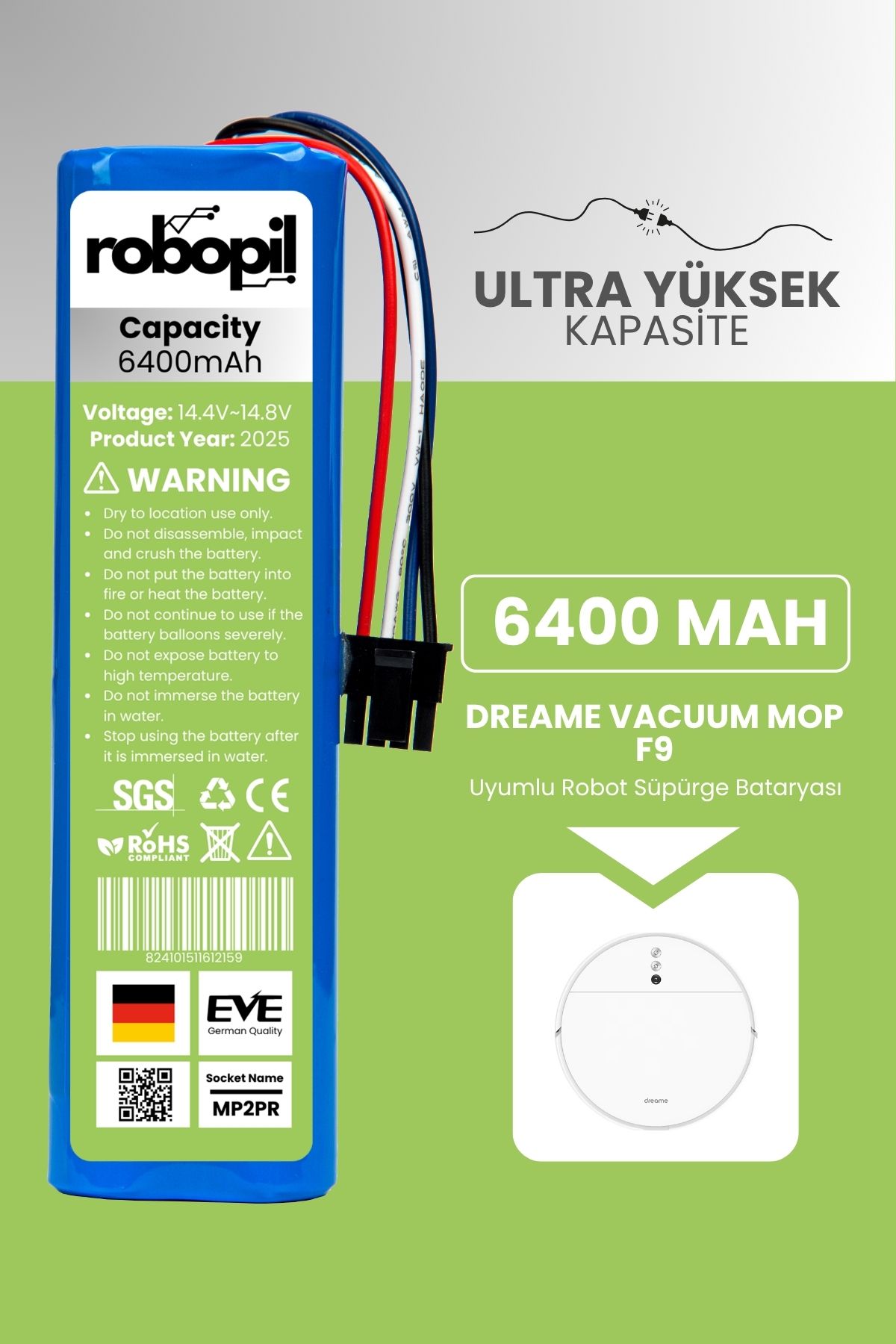 ROBOPİL Dreame Vacuum Mop F9 Uyumlu Batarya (ULTRA YÜKSEK KAPASİTE) 6400mah Robot Süpürge Bataryası Değişimi