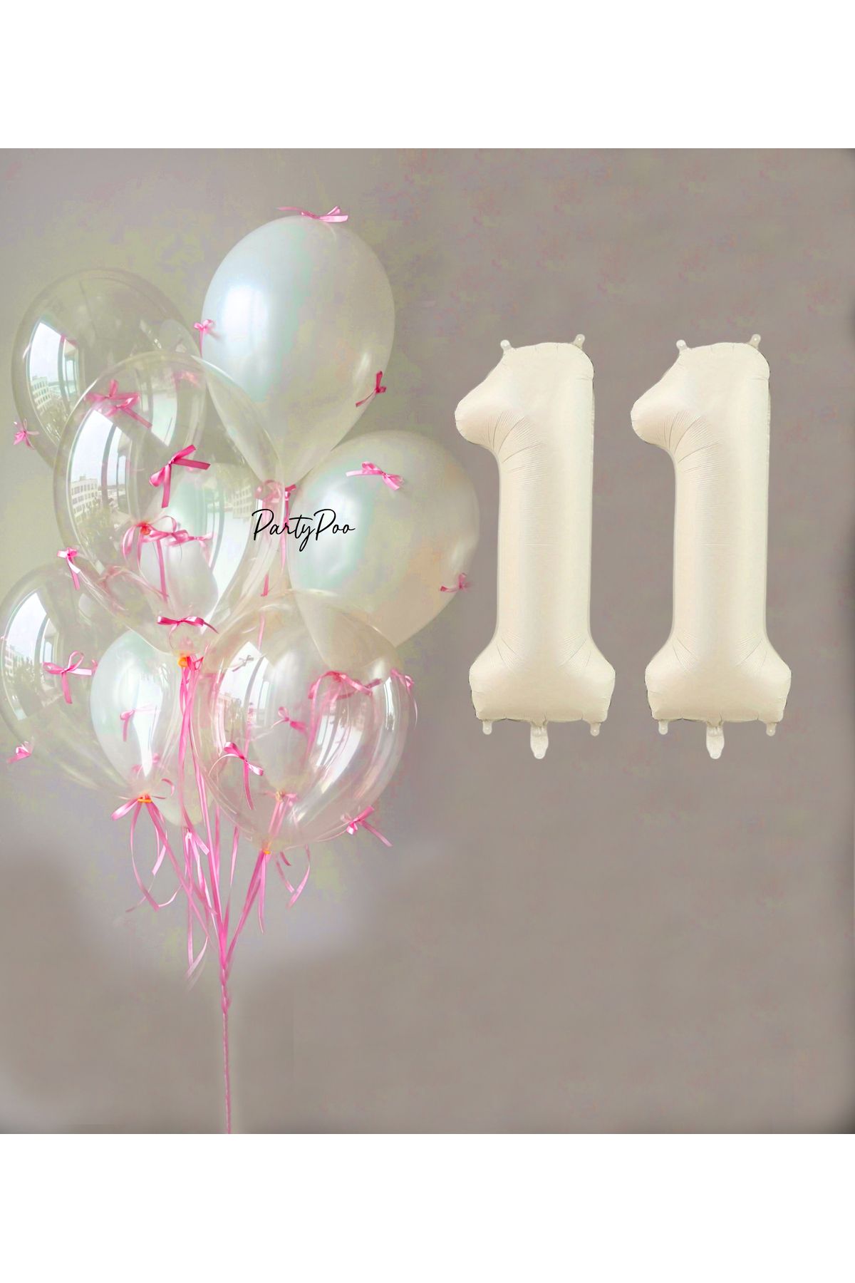 PartyPoo Pembe Fiyonklu Şeffaf Beyaz Balon Seti + Krem Rakam Folyo Balon – 11'li Doğum Günü Parti Süsü
