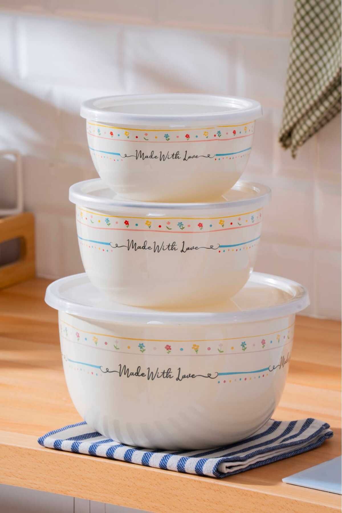 ACAR Made With Love Emaye 3 LÜ KAPAKLI KARIŞTIRMA SAKLAMA KABI