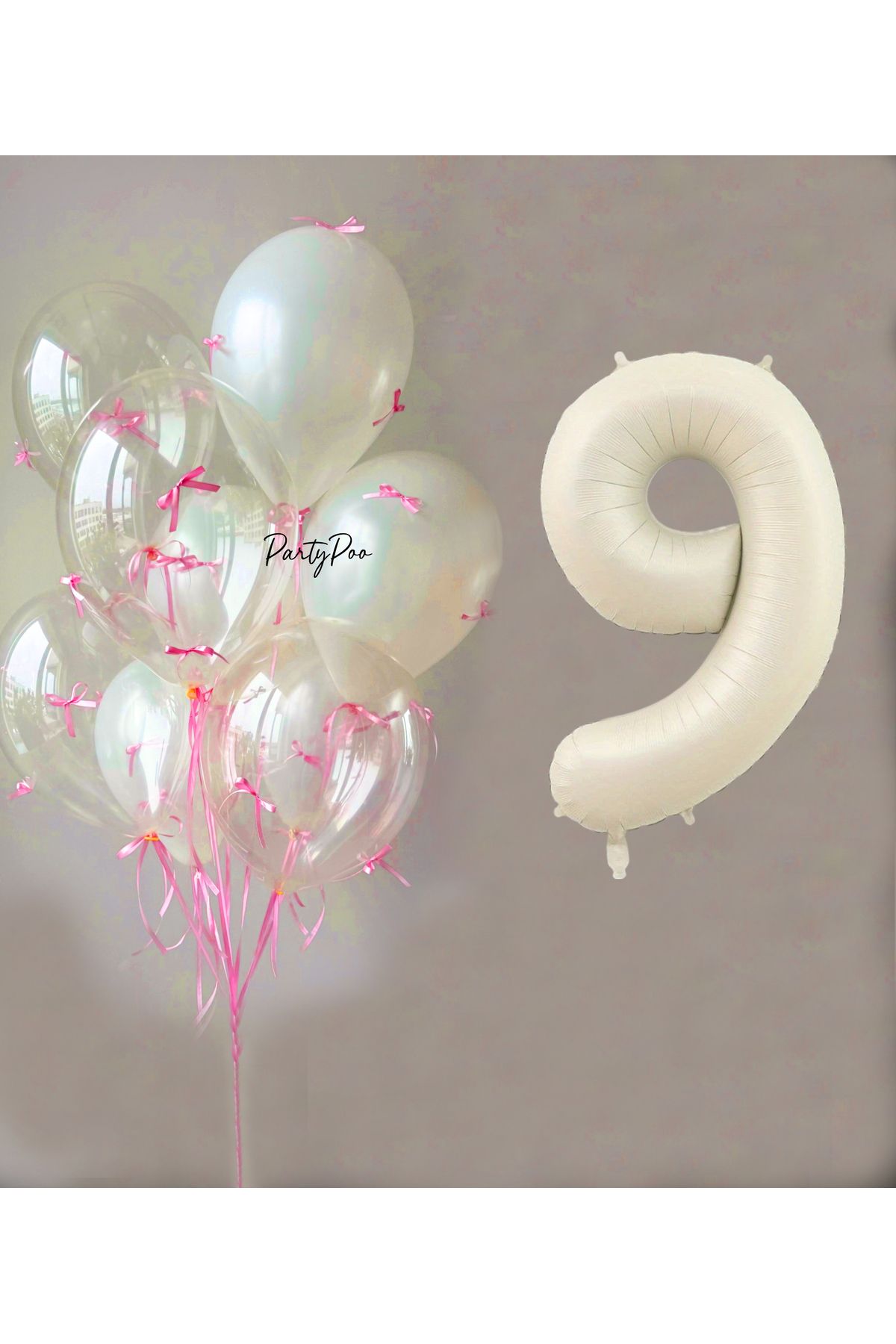 PartyPoo Pembe Fiyonklu Şeffaf Beyaz Balon Seti + Krem Rakam Folyo Balon – 11'li Doğum Günü Parti Süsü