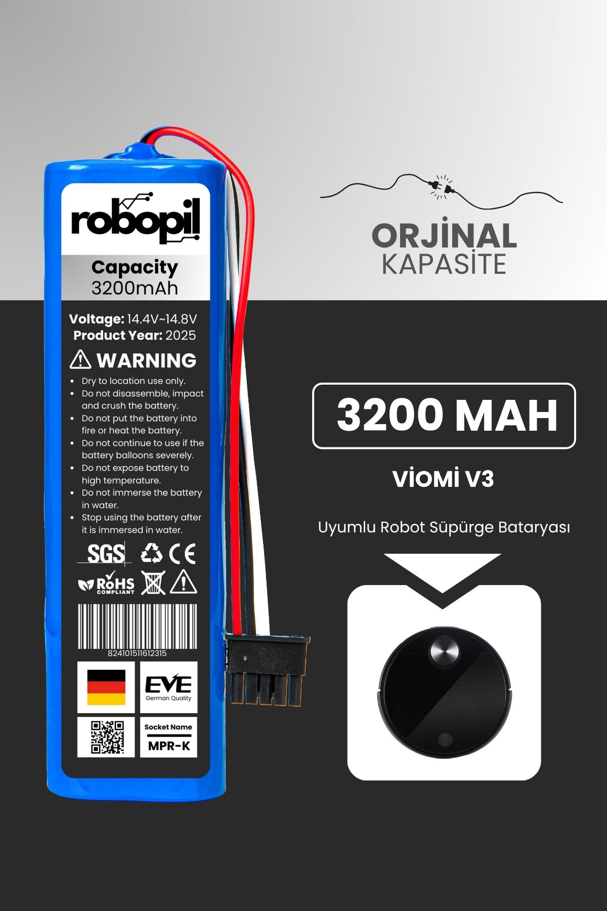 ROBOPİL Viomi V3 Uyumlu Batarya (STANDART KAPASİTE) 3200mah Pil Robot Süpürge Bataryası Değişimi