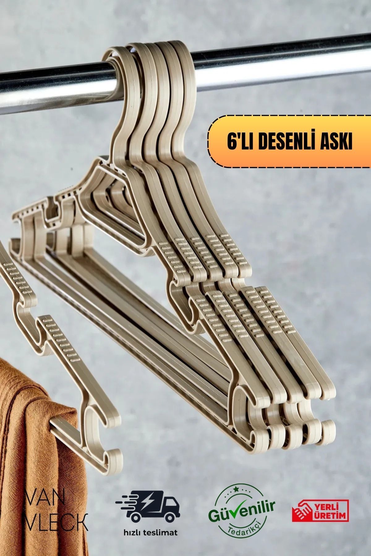 VAN VLECK 6'lı Kristal Desenli Askı Seti – Şık Siyah, Beyaz ve Kahve Renk , Dayanıklı Kıyafet Askıları