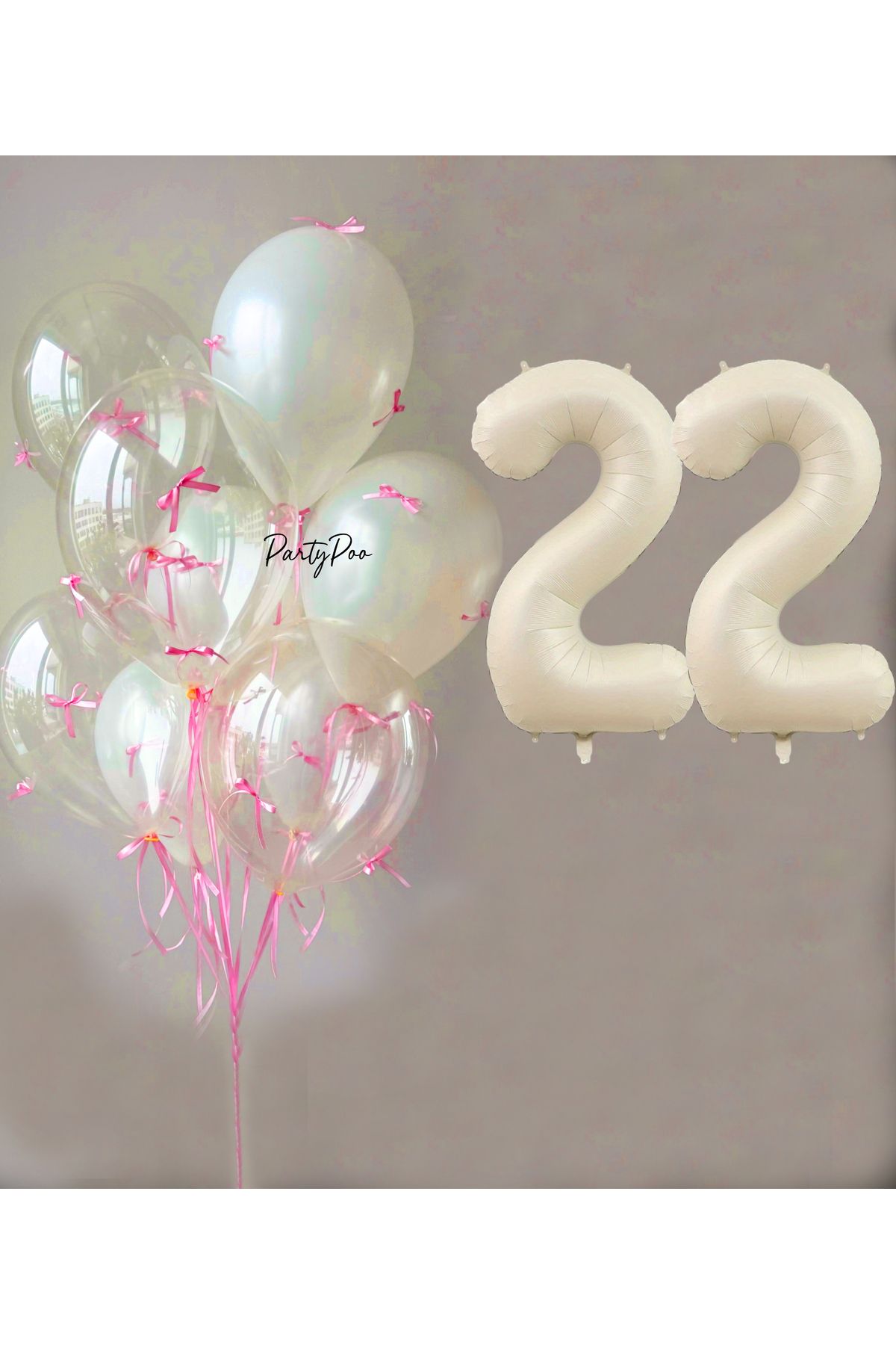 PartyPoo Pembe Fiyonklu Şeffaf Beyaz Balon Seti + Krem Rakam Folyo Balon – 11'li Doğum Günü Parti Süsü