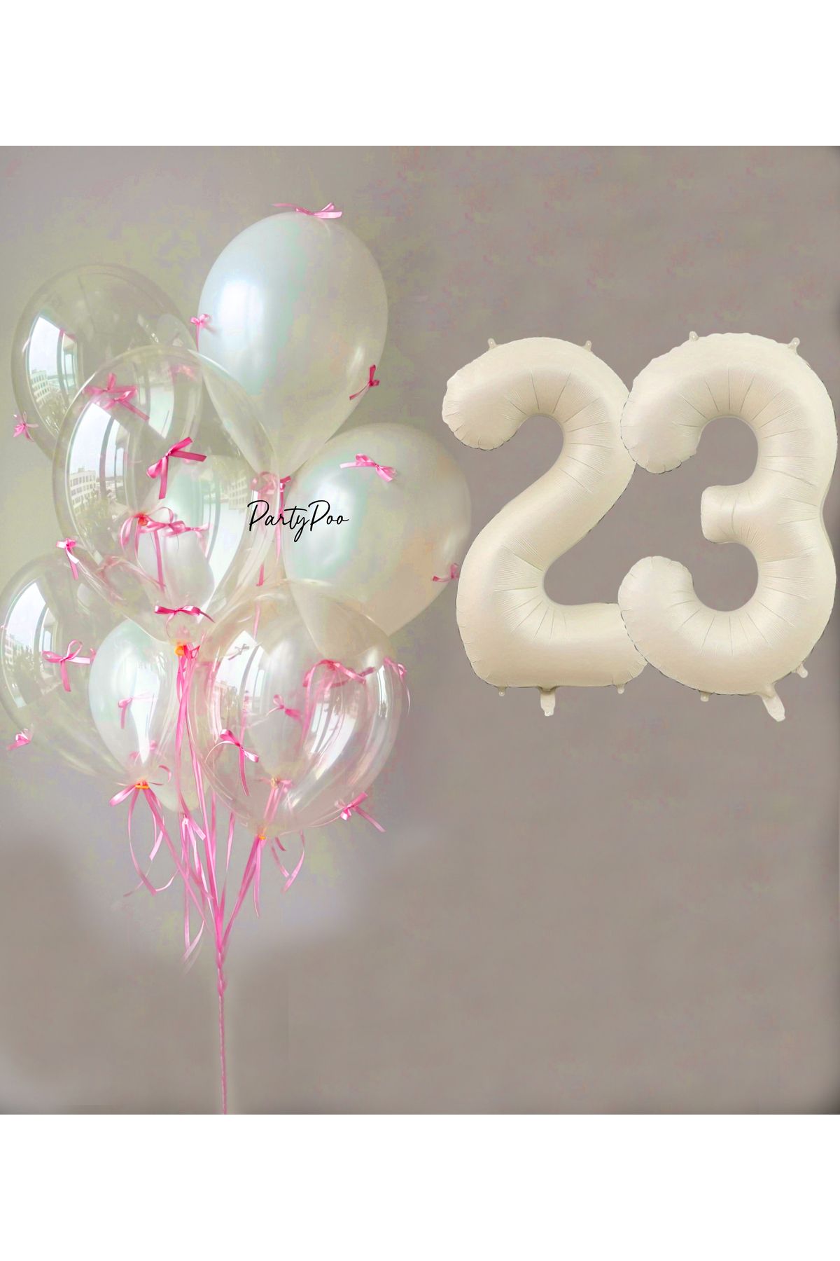 PartyPoo Pembe Fiyonklu Şeffaf Beyaz Balon Seti + Krem Rakam Folyo Balon – 11'li Doğum Günü Parti Süsü