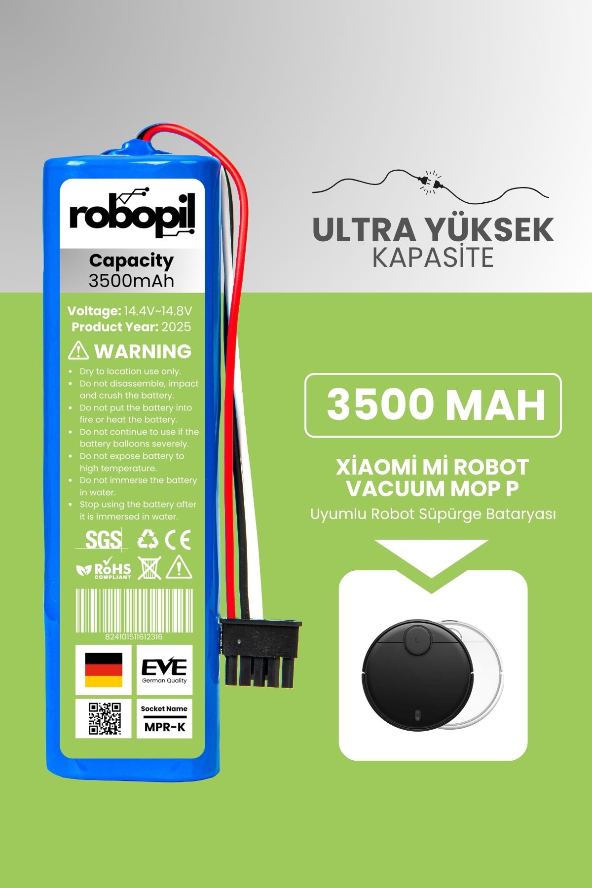 ROBOPİL Xiaomi Mi Robot Vacuum Mop P Uyumlu Batarya (ULTRA YÜKSEK KAPASİTE) 3500mah Robot Model: Stytj02ym