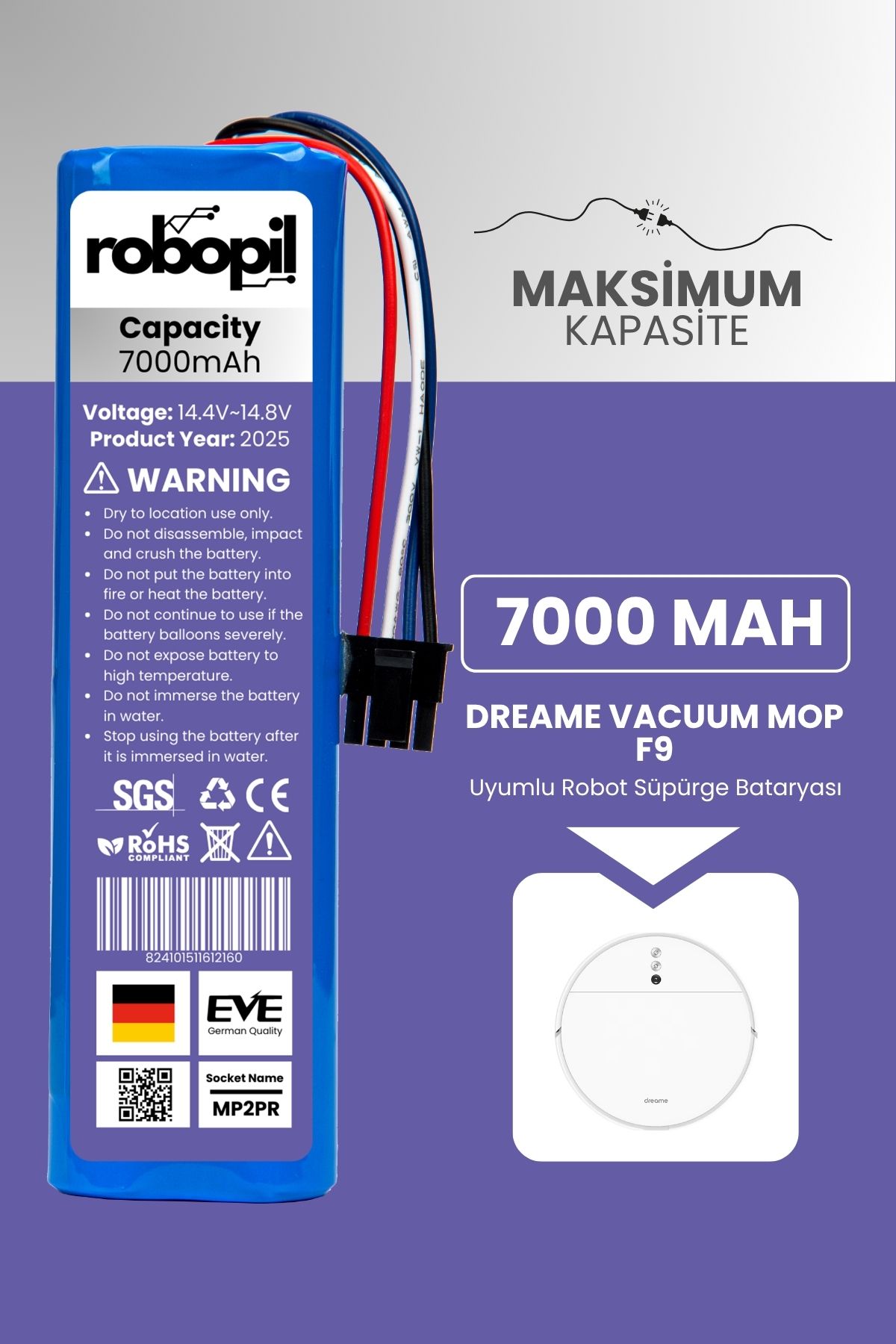 ROBOPİL Dreame Vacuum Mop F9 Uyumlu Batarya (MAKSİMUM KAPASİTE) 70000mah Robot Süpürge Bataryası Değişimi