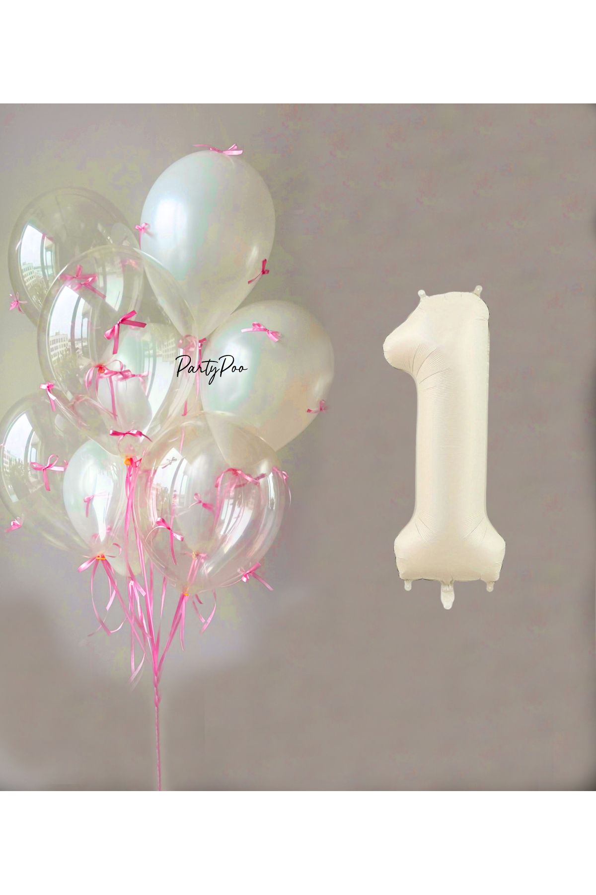 PartyPoo Pembe Fiyonklu Şeffaf Beyaz Balon Seti + Krem Rakam Folyo Balon – 11'li Doğum Günü Parti Süsü
