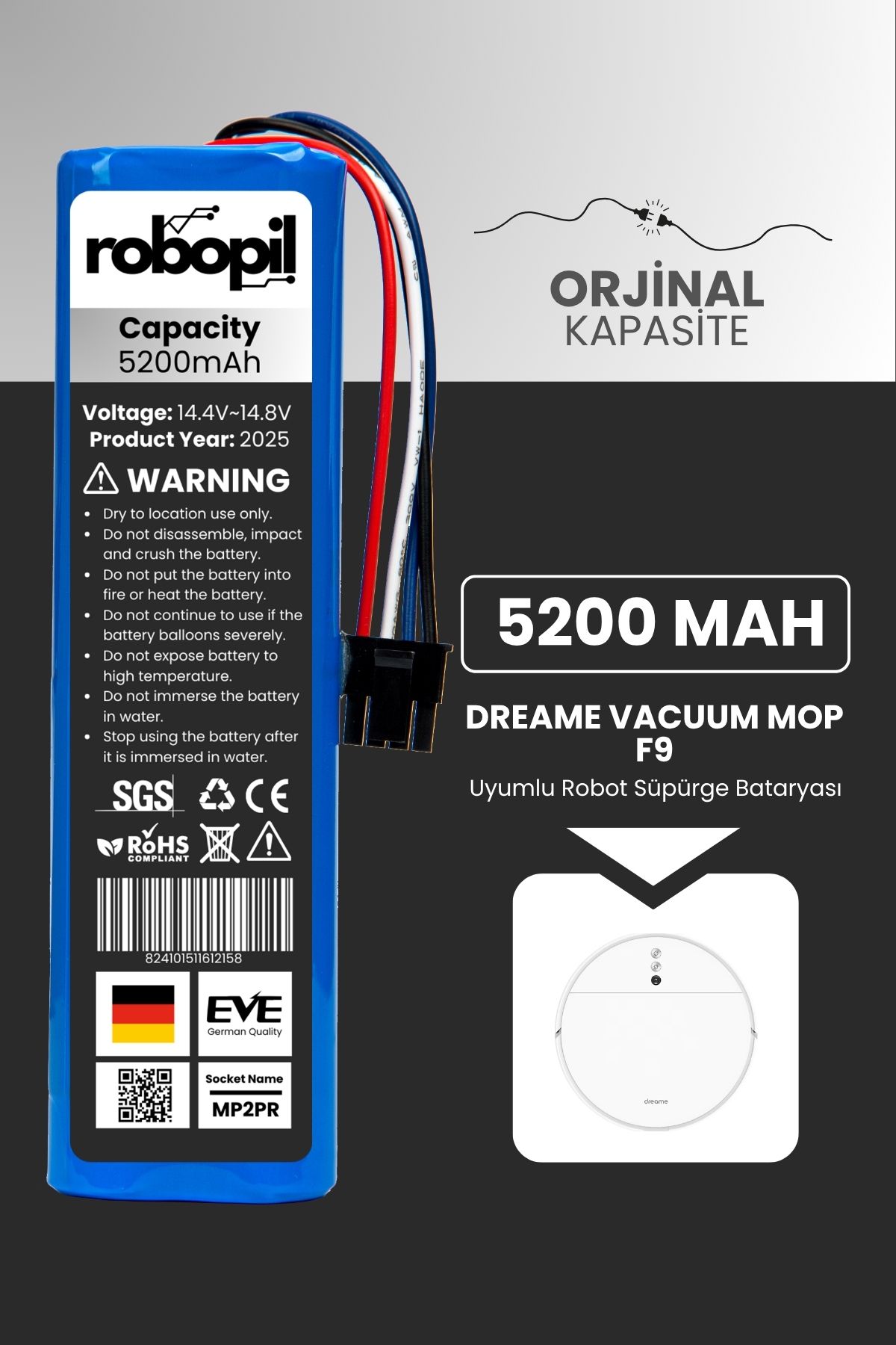 ROBOPİL Dreame Vacuum Mop F9 Uyumlu Batarya (STANDART KAPASİTE) 5200mah Pil Robot Süpürge Bataryası Değişimi