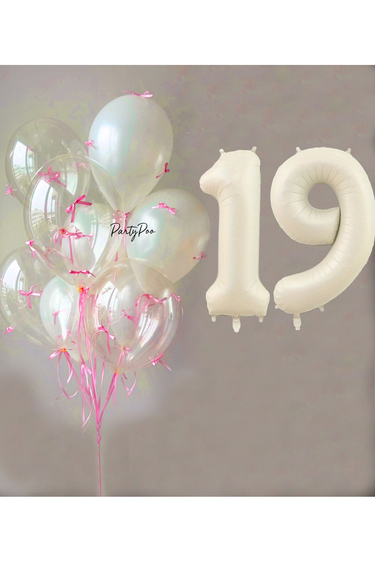 PartyPoo Pembe Fiyonklu Şeffaf Beyaz Balon Seti + Krem Rakam Folyo Balon – 11'li Doğum Günü Parti Süsü