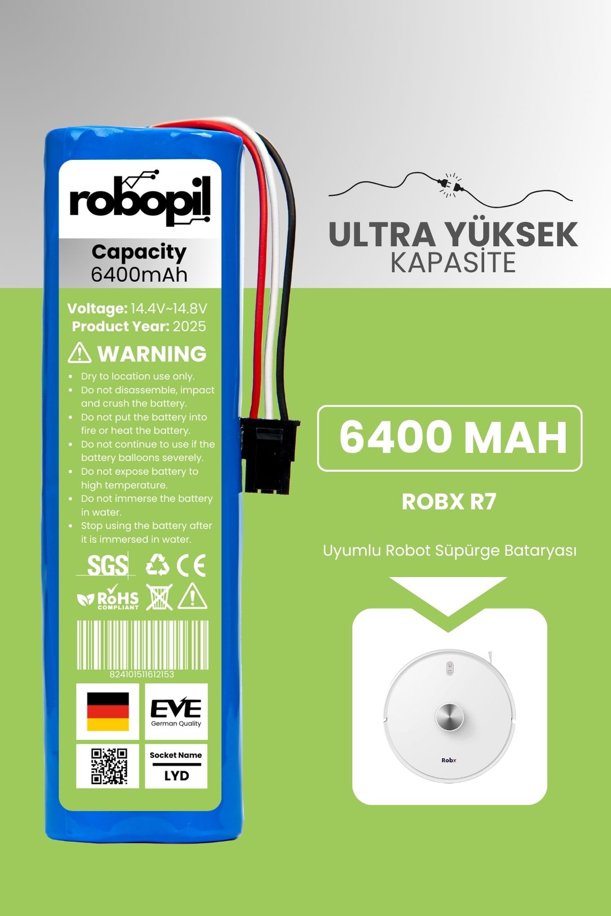 ROBOPİL Robx R7 Uyumlu Batarya (ULTRA YÜKSEK KAPASİTE) 6400mah Pil Robot Süpürge Bataryası Değişimi