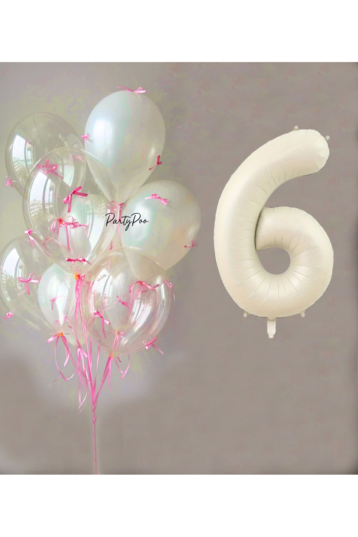 PartyPoo Pembe Fiyonklu Şeffaf Beyaz Balon Seti + Krem Rakam Folyo Balon – 11'li Doğum Günü Parti Süsü