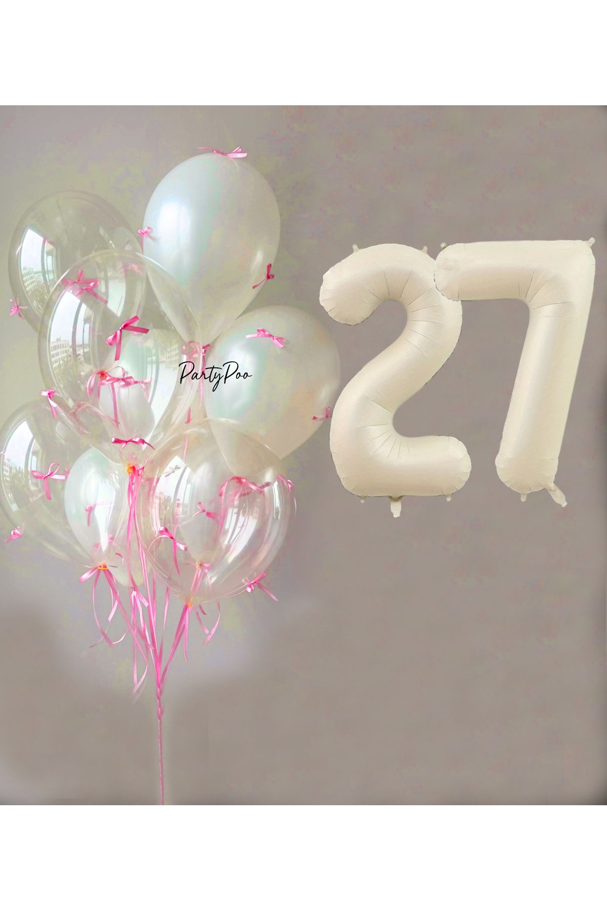 PartyPoo Pembe Fiyonklu Şeffaf Beyaz Balon Seti + Krem Rakam Folyo Balon – 11'li Doğum Günü Parti Süsü
