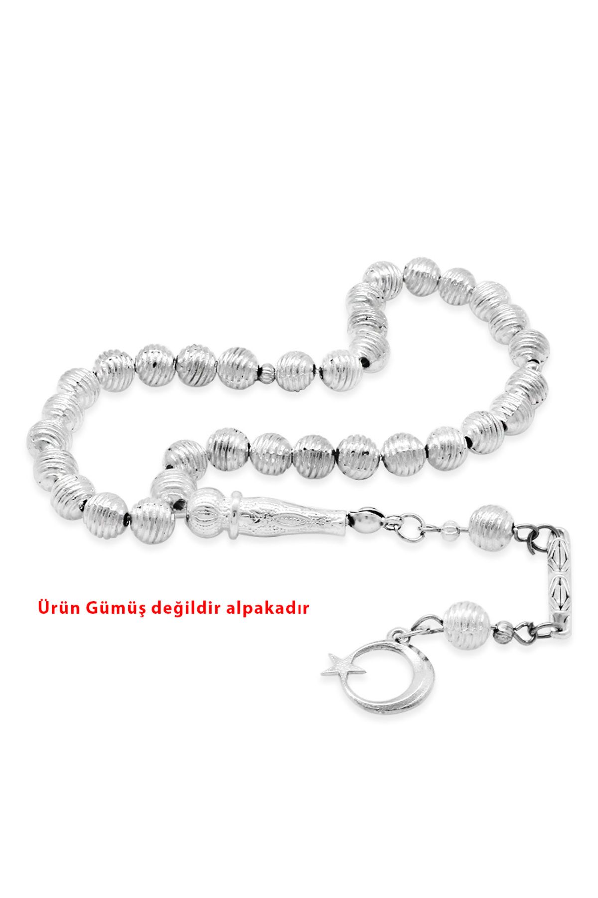 Tesbihane Helezon Tasarım Kalem İşçilikli Ayyıldız Püsküllü Küre Kesim Gümüş Renk Alpaka Tesbih