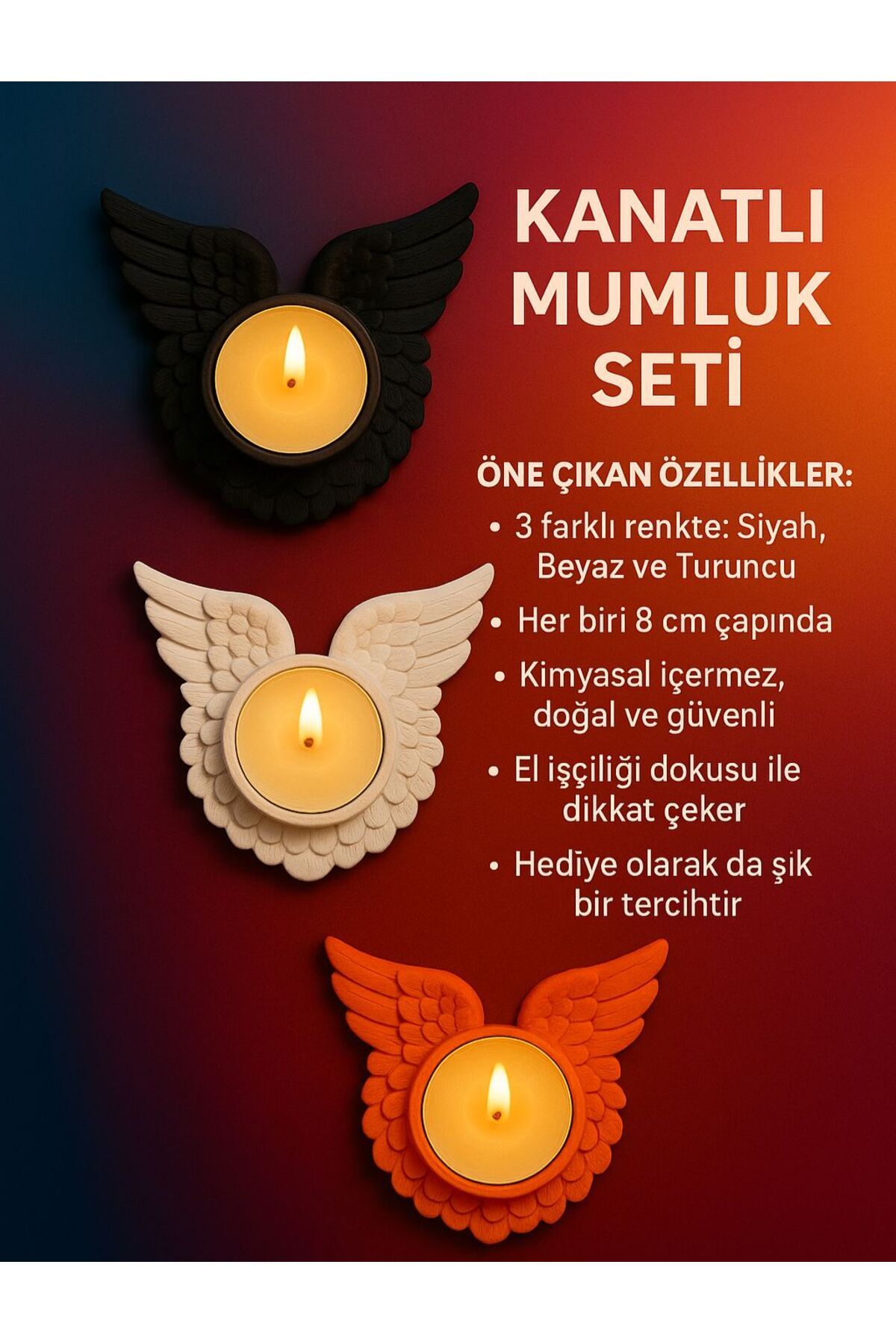 Evoda Life Kanatlı Mumluk Seti 3’lü Doğal El Yapımı Dekoratif Mumluk