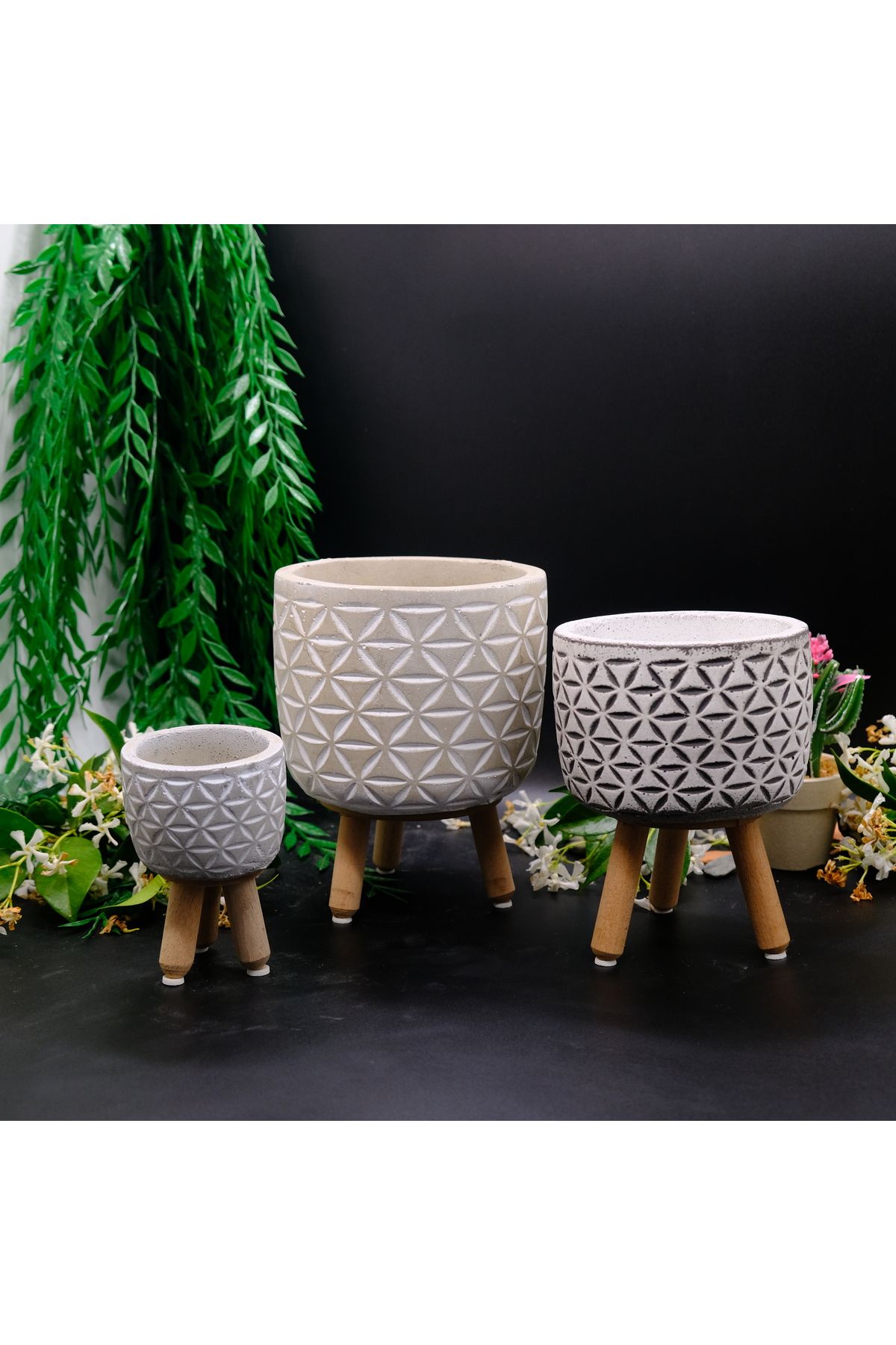 BGGdekor Çizgi çiçek set dekoratif BETON SAKSI