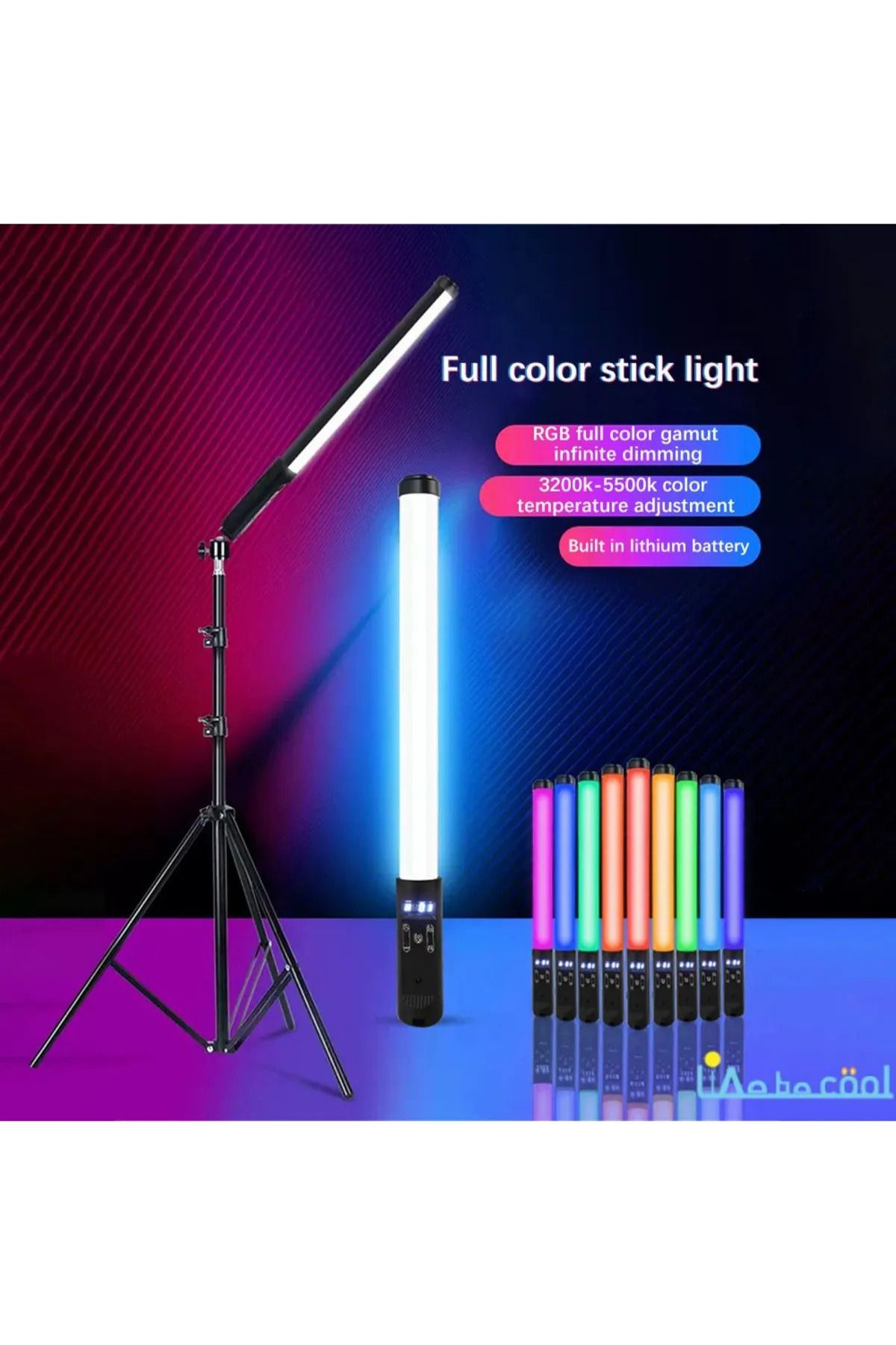 OBRAX Şarjlı RGB 1 Ad 2+1 mt tripodlu Fotoğrafçılık Işık Çubuğu Aydınlatma Ledi Canlı Video Çekimi Işığı