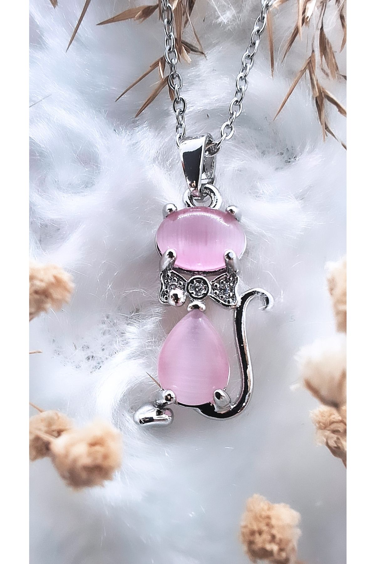 Serenity Pembe Opal Taşlı Kedi Figür Çelik Kolye