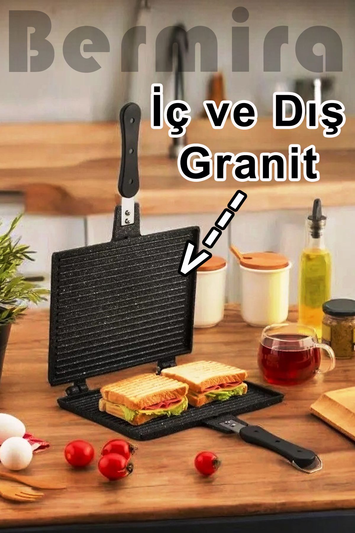 BERMİRA Home Collection İç ve Dış Granit Döküm Ocak Üstü El Tost Makinesi - 25x18 Cm - USTA TOSTÇU