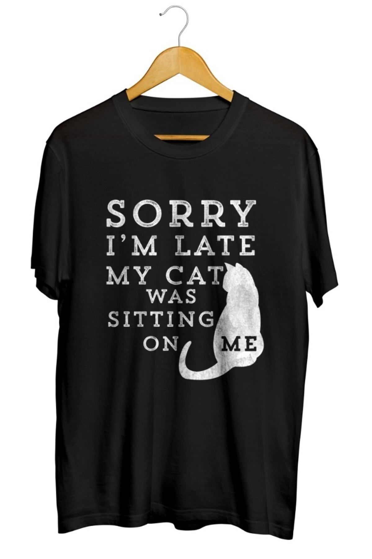Miba Store Üzgünüm Geç Kaldım, Kedim Kucağıma Oturdu Baskılı Unisex Tişört