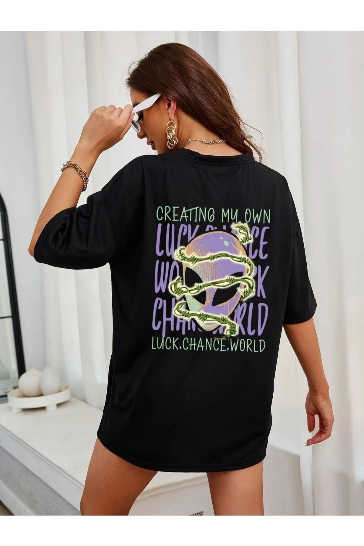 Hunors Sportswear & Company Unisex Kadın/Erkek Oversize Baskılı Pamuklu Bisiklet Yaka Kısa Kollu T-shirt
