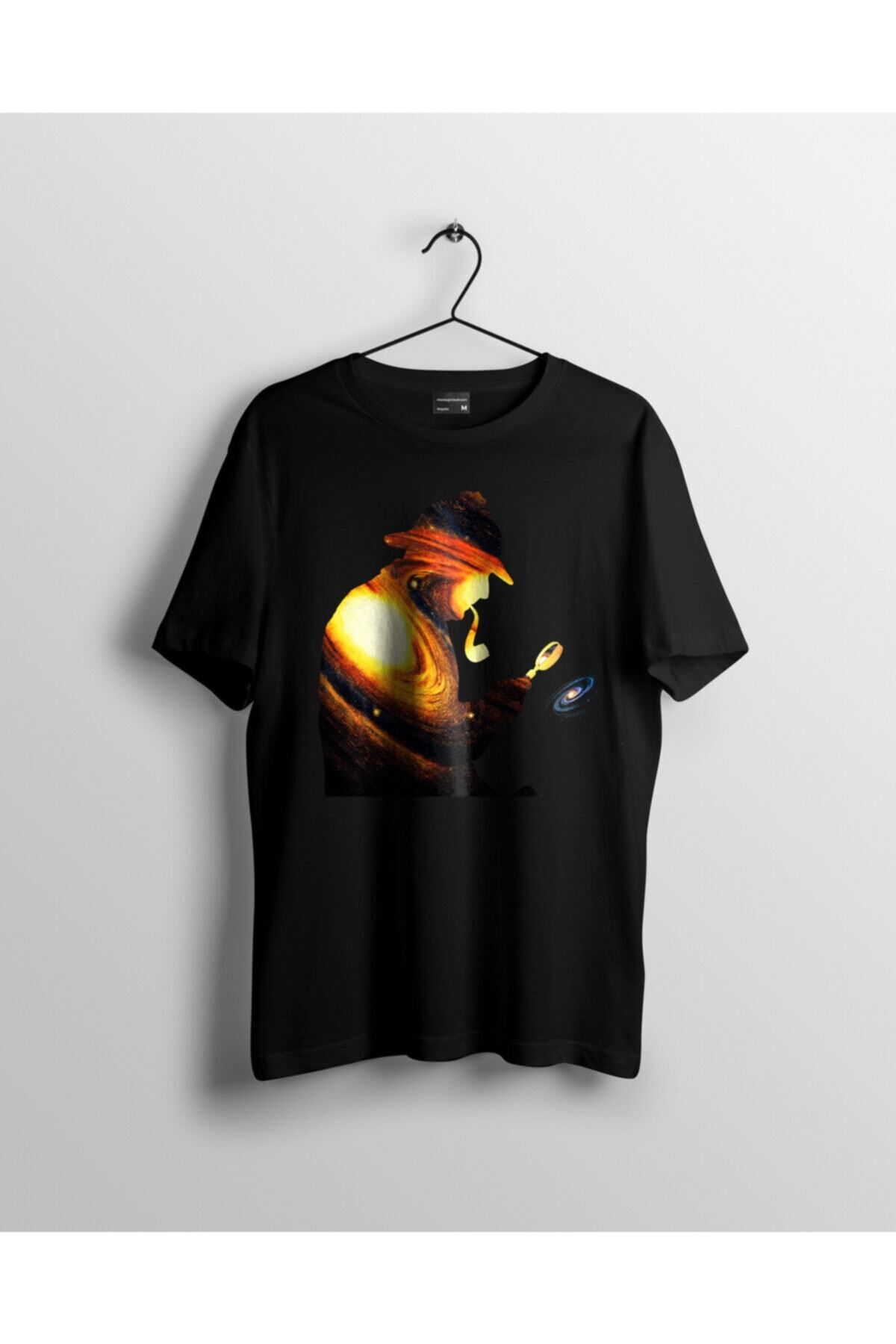 Miba Store Unisex Siyah Gezegenleri Büyüteçiyle Inceleyen Adam Baskılı Tshirt