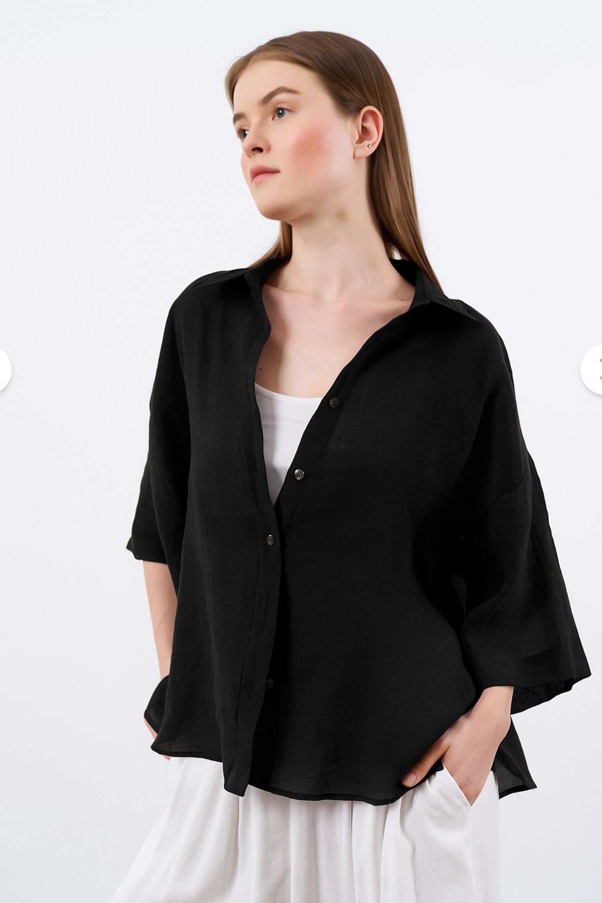 Eliss butik Siyah Oversize İpeksi Pery Gömlek