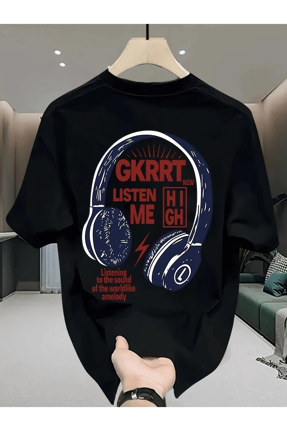 Hunors Sportswear & Company Unisex Kadın/Erkek Oversize Baskılı Pamuklu Bisiklet Yaka Kısa Kollu SİYAH T-shirt