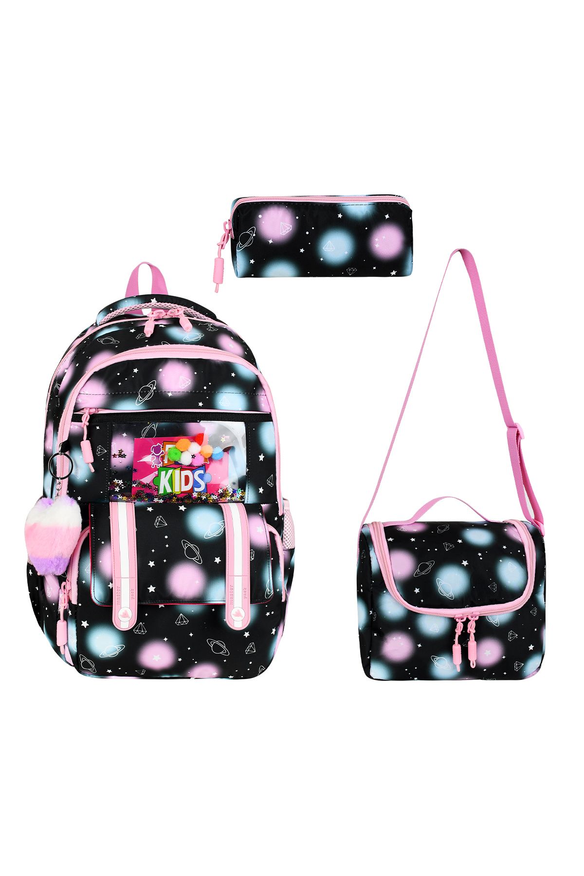 QL ACCESSORY Kalp desenli 3 lü set Lüx İlk Okul Çantası