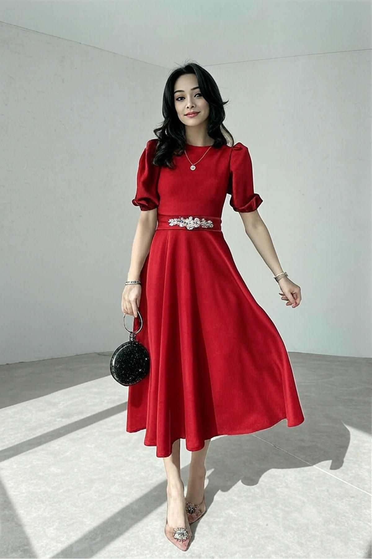 ALFUDO Moda Collection Siyah Karpuz Kollu Midi Boy Elbise