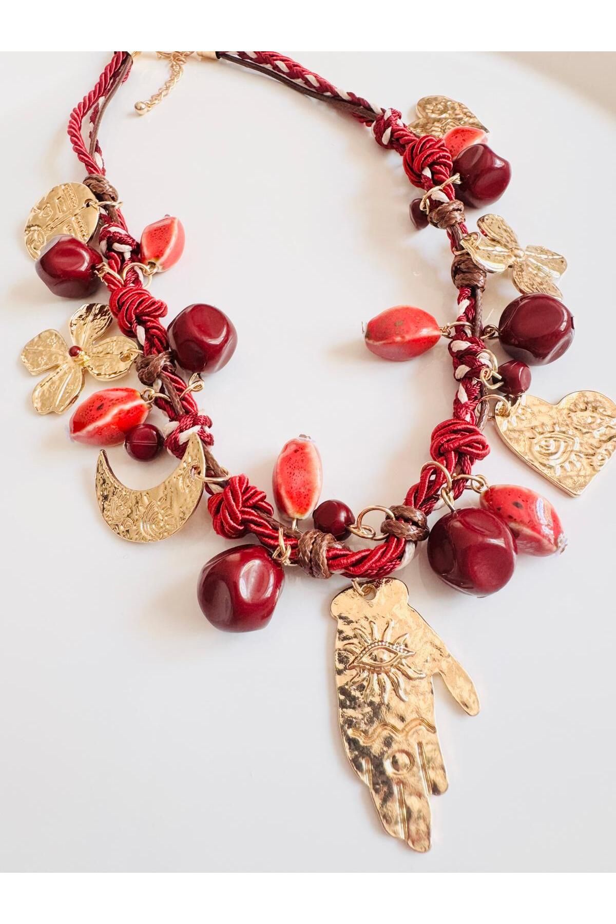 DEVİ fashion Bordo İpli Charm Seramik Kolye 45 cm