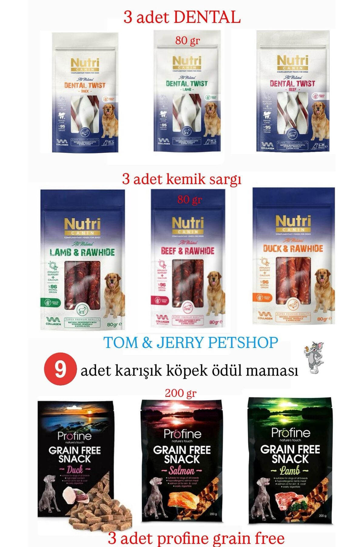 Nutri Canin TOM&JERRYPETSHOP -KARIŞIK 9 ADET NUTRİ KÖPEK ÖDÜL MAMASI/ 3 NUTRİ DENTAL /3 NUTRİ RAWHİDE/3 PROFİNE